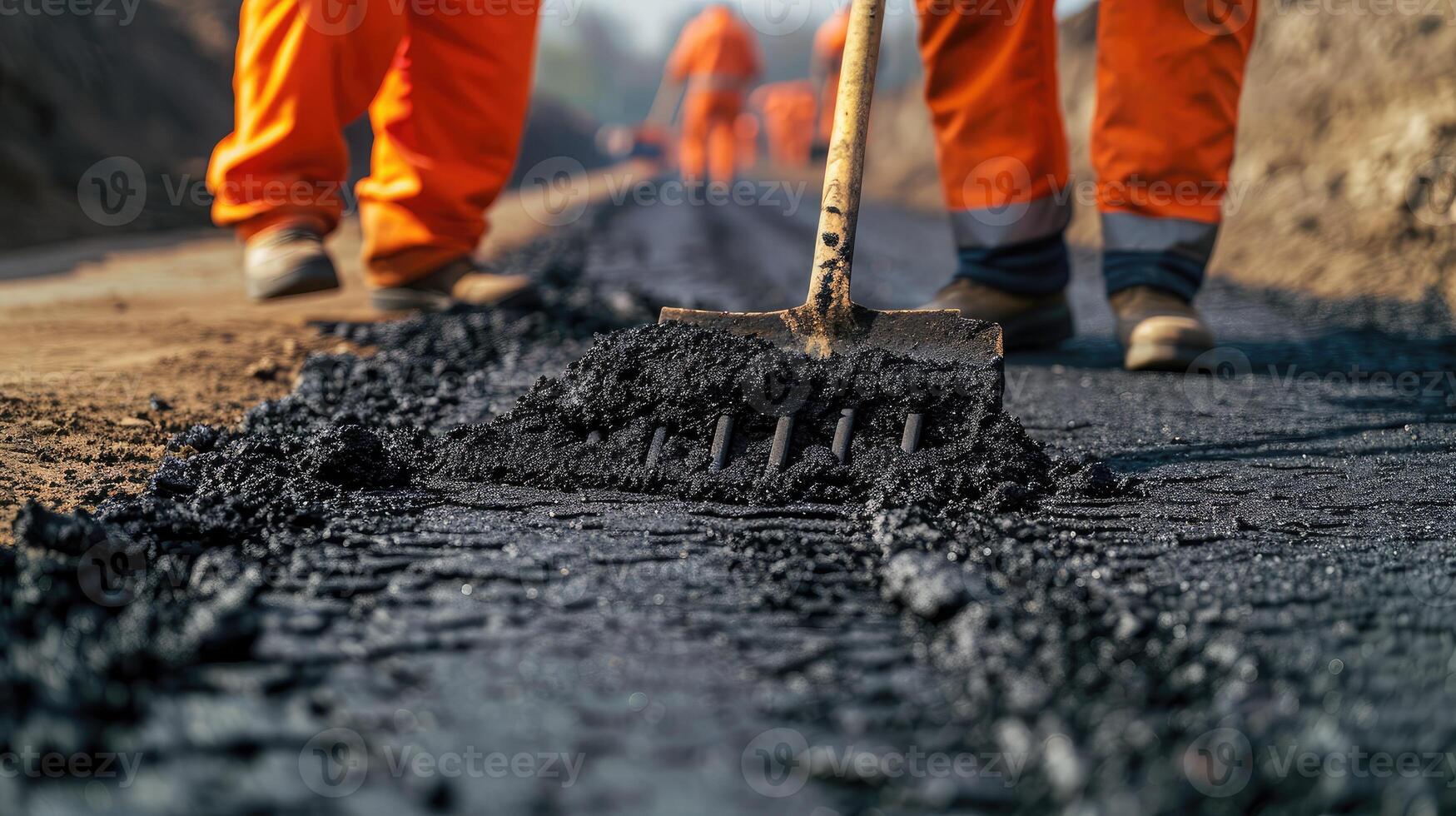 ai gegenereerd weg arbeiders met schoppen in hun handen Gooi gevorkt asfalt Aan een nieuw weg. weg onderhoud reparaties de snelweg foto