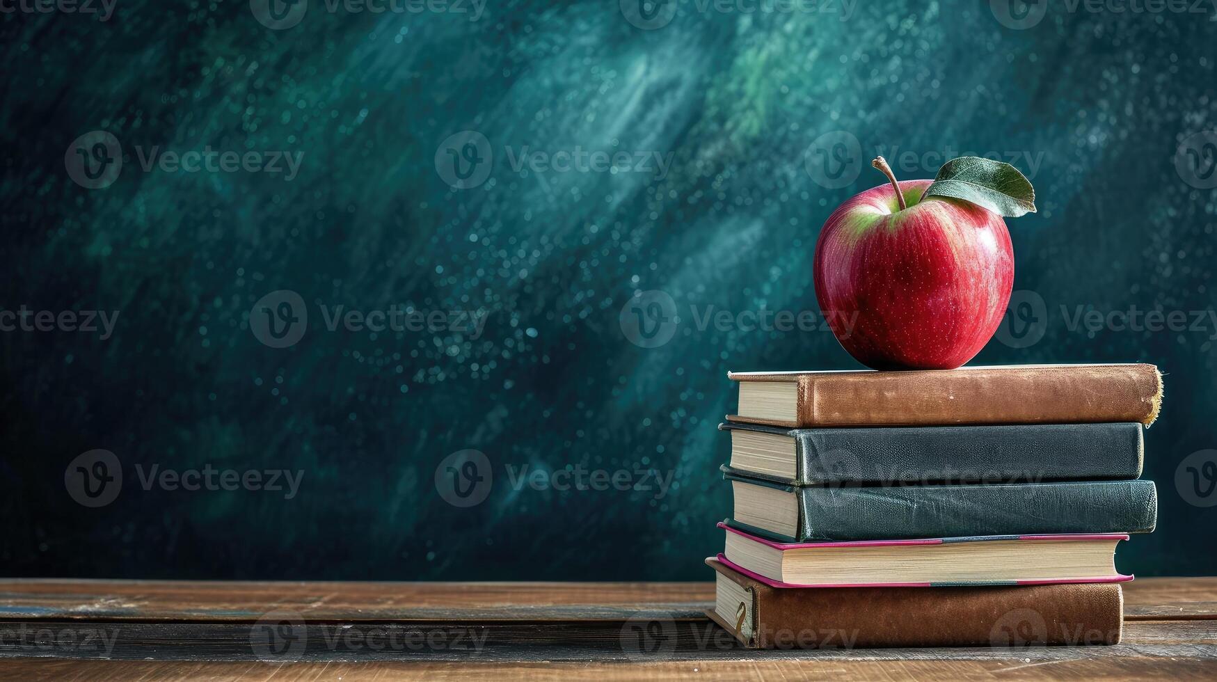 ai gegenereerd terug naar school- achtergrond met boeken en appel over- schoolbord foto