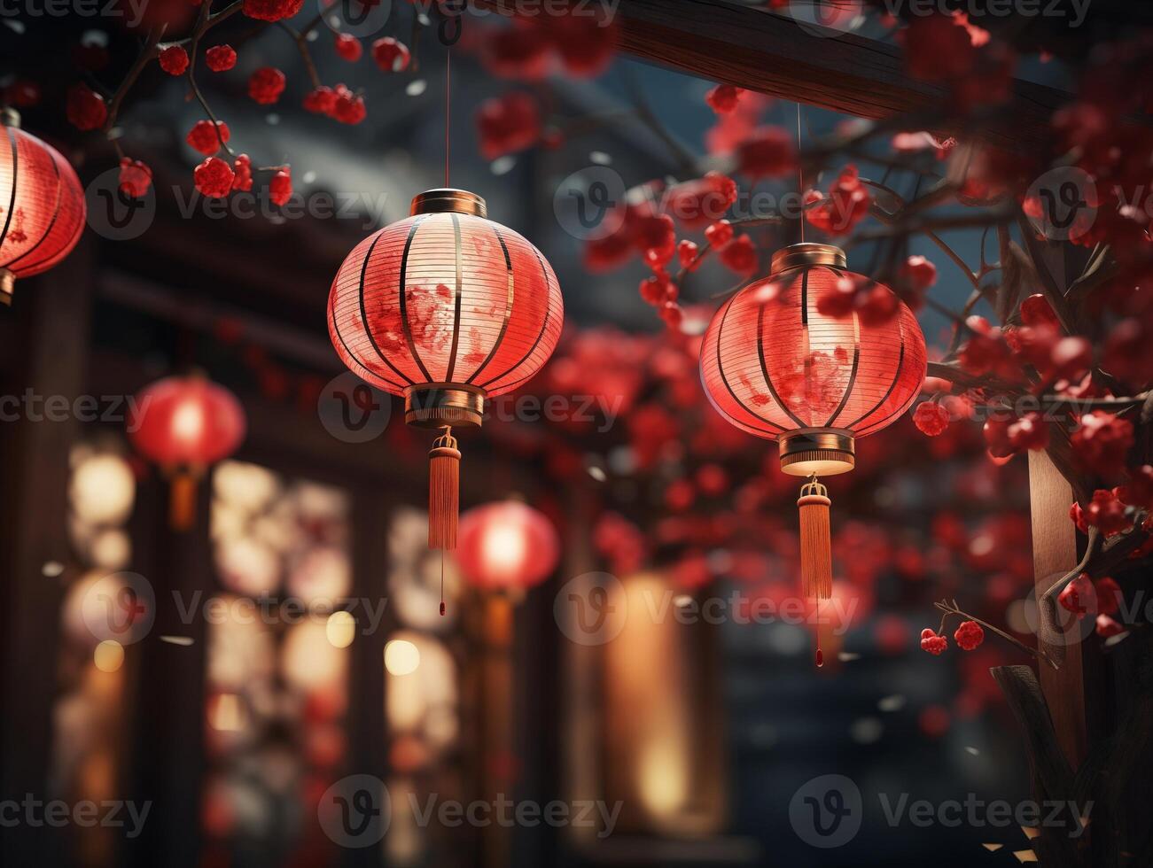 ai gegenereerd Chinese lantaarns. Chinese nieuwe, jaar Japans Aziatisch nieuw jaar rood lampen festival Chinatown traditioneel. foto