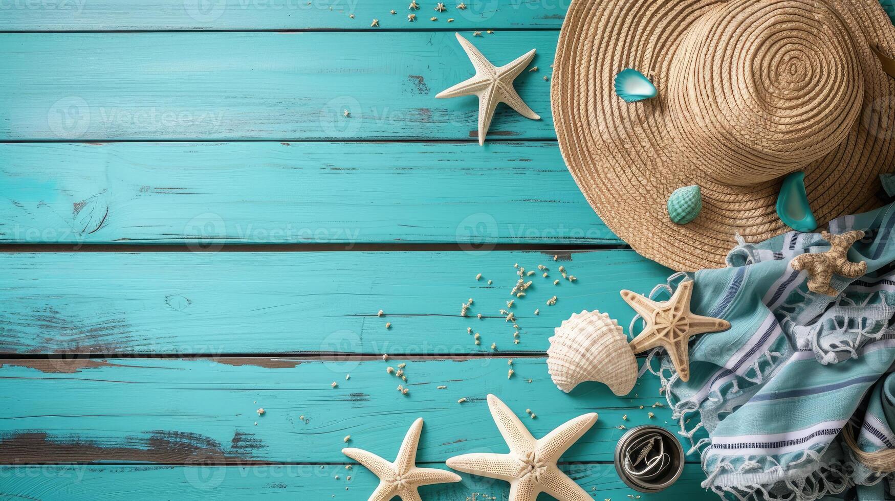 ai gegenereerd strand accessoires Aan blauw plank - zomer vakantie banier foto