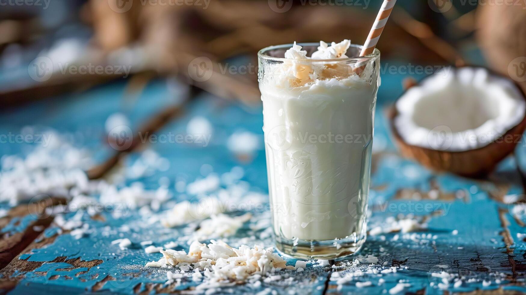 ai gegenereerd glas met kokosnoot melk Aan een blauw achtergrond. ai gegenereerd. foto