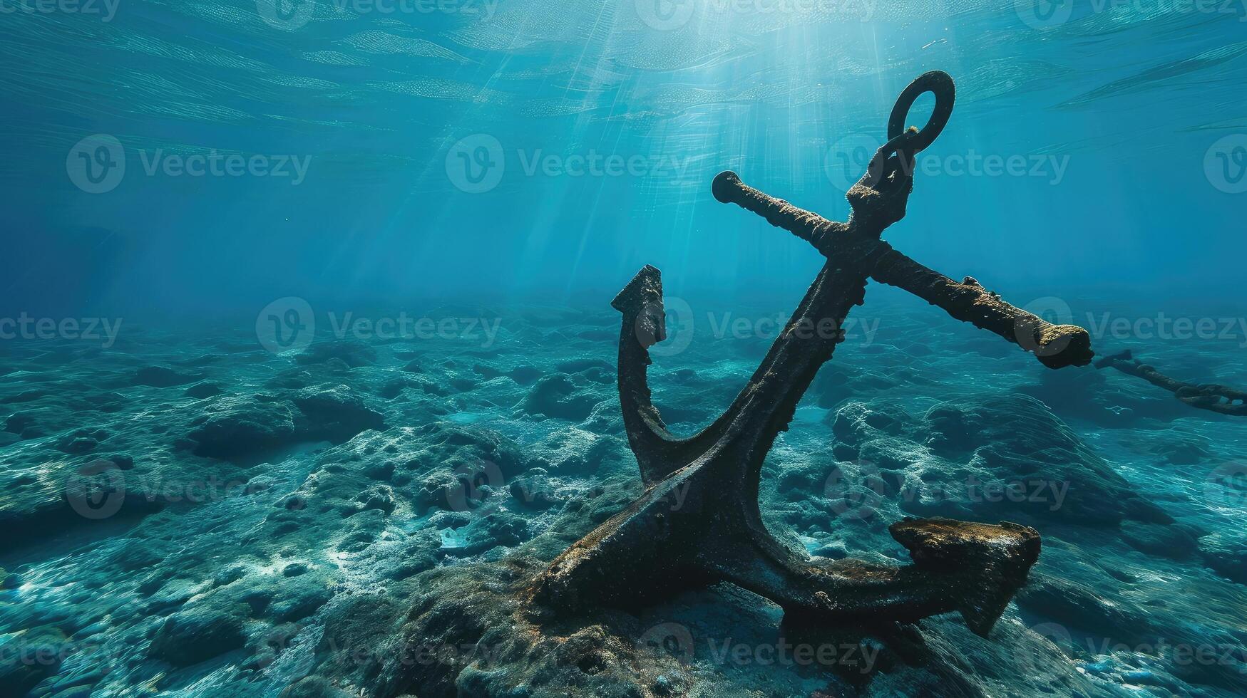 ai gegenereerd anker van oud schip onderwater- Aan de bodem van de oceaan foto