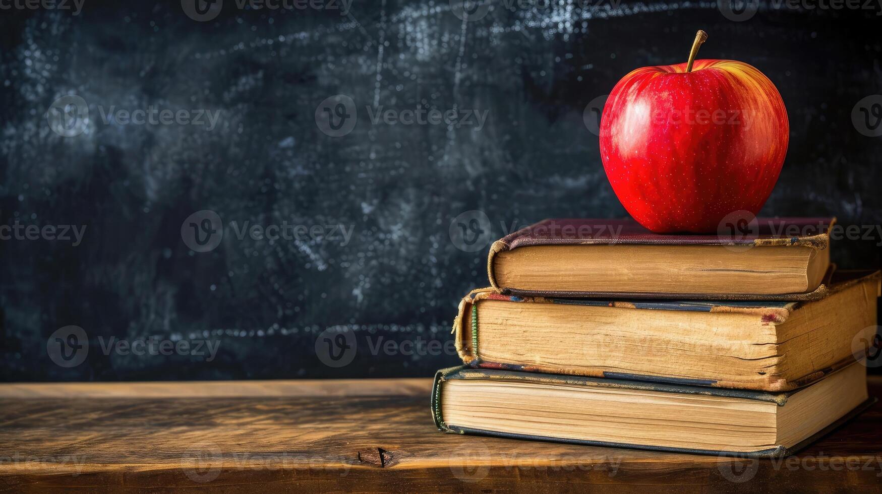 ai gegenereerd terug naar school- achtergrond met boeken en appel over- schoolbord foto