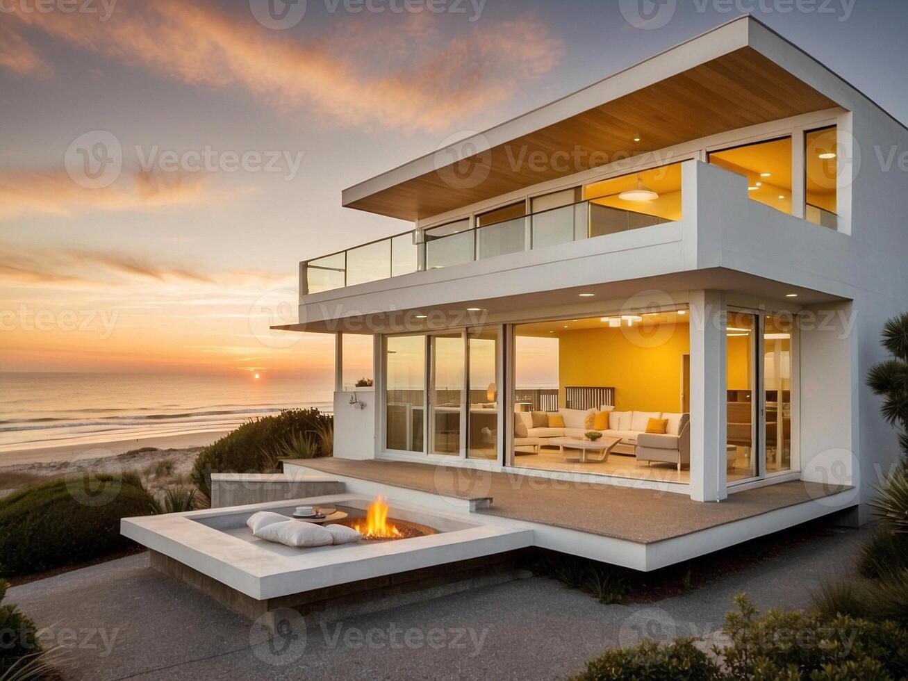 ai gegenereerd wit en geel midden eeuw modern stijl strand huis, interieur, zonsondergang foto