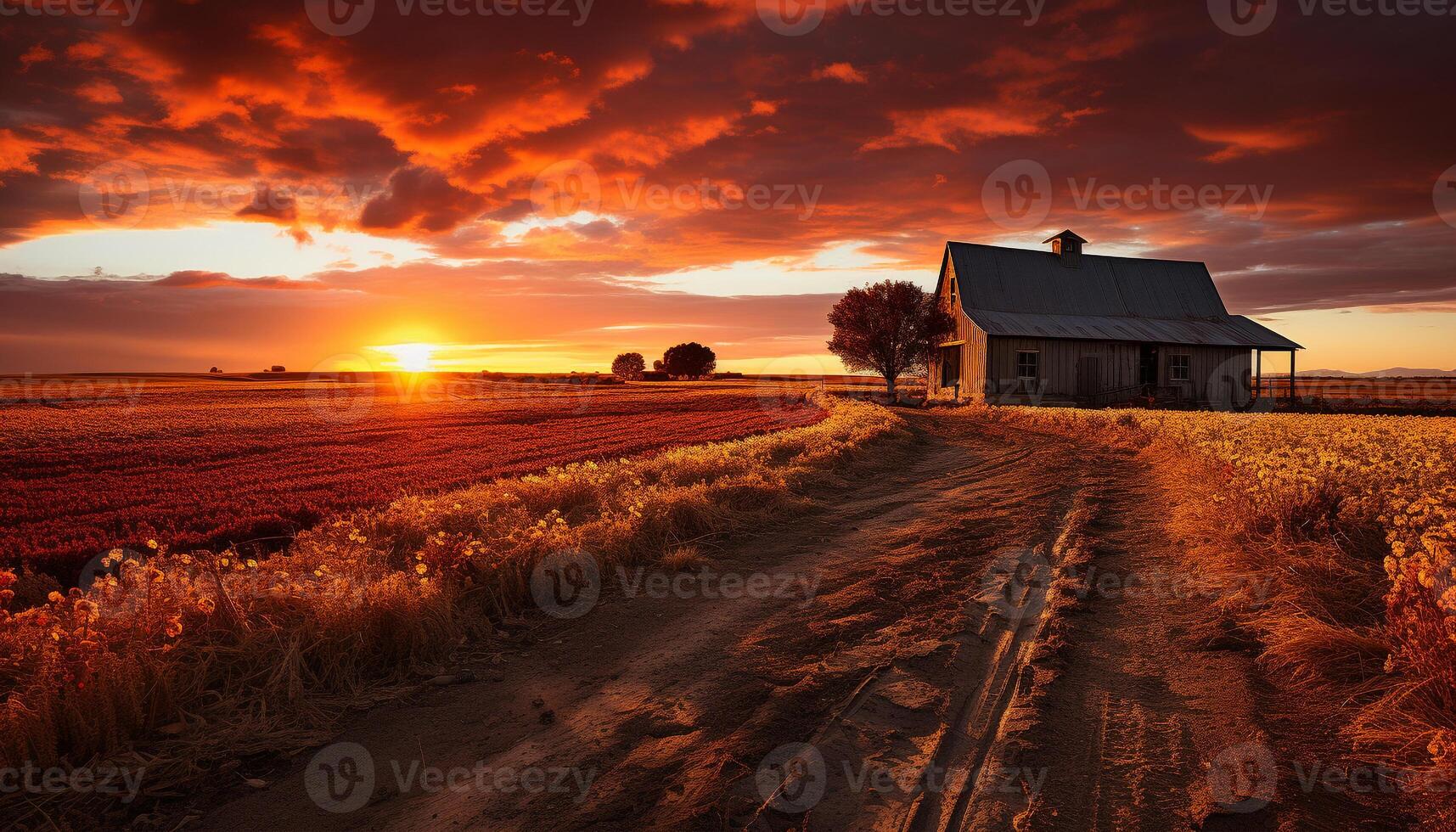 ai gegenereerd rustig zonsondergang over- landelijk boerderij, natuur schoonheid gegenereerd door ai foto