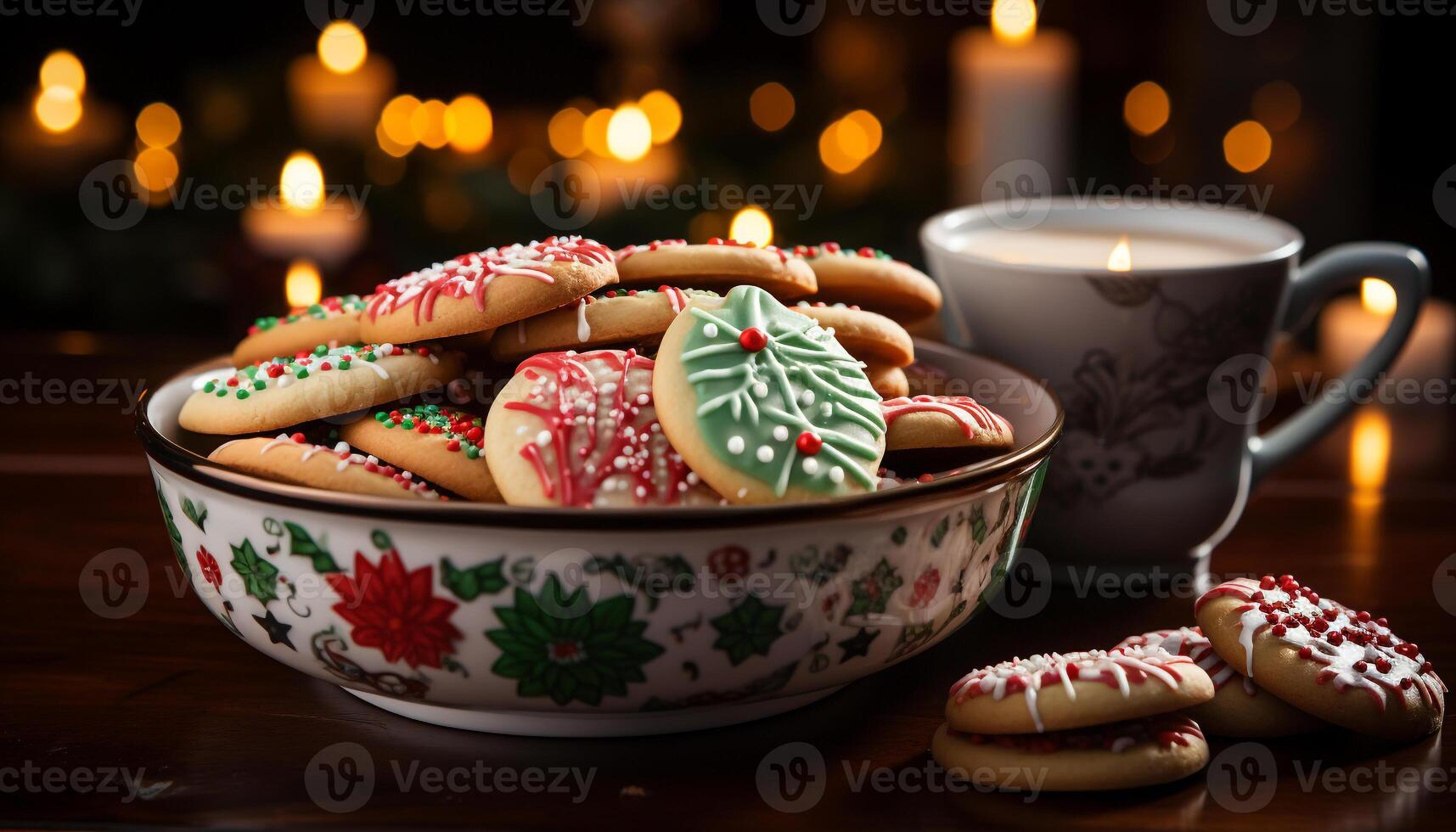 ai gegenereerd eigengemaakt koekje Aan hout tafel, winter viering gegenereerd door ai foto