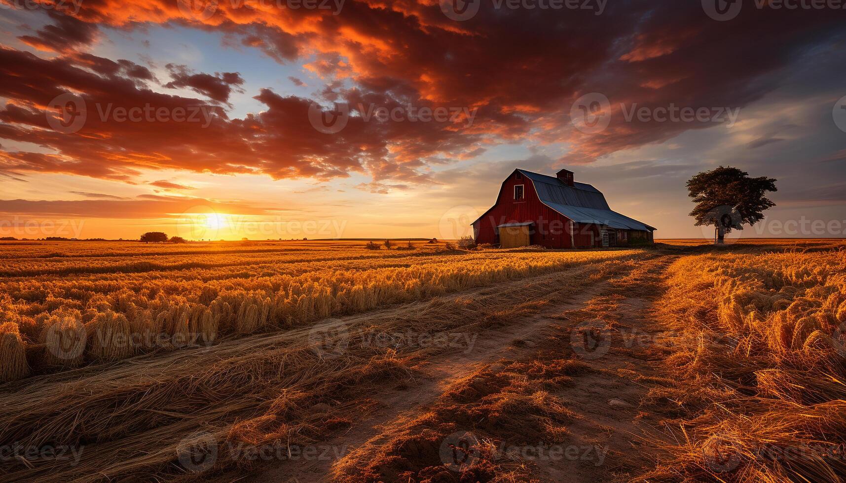 ai gegenereerd zonsondergang over- een rustiek boerderij, natuur rustig schoonheid gegenereerd door ai foto