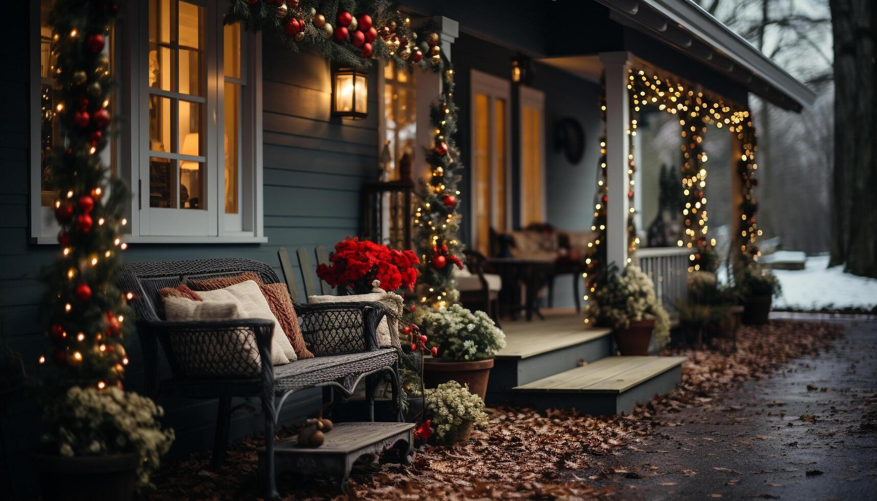 ai gegenereerd winter nacht viering met verlichte Kerstmis boom buitenshuis gegenereerd door ai foto