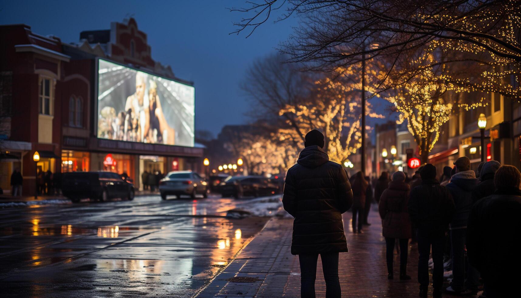 ai gegenereerd silhouetten wandelen in verlichte stad straten Bij schemer gegenereerd door ai foto