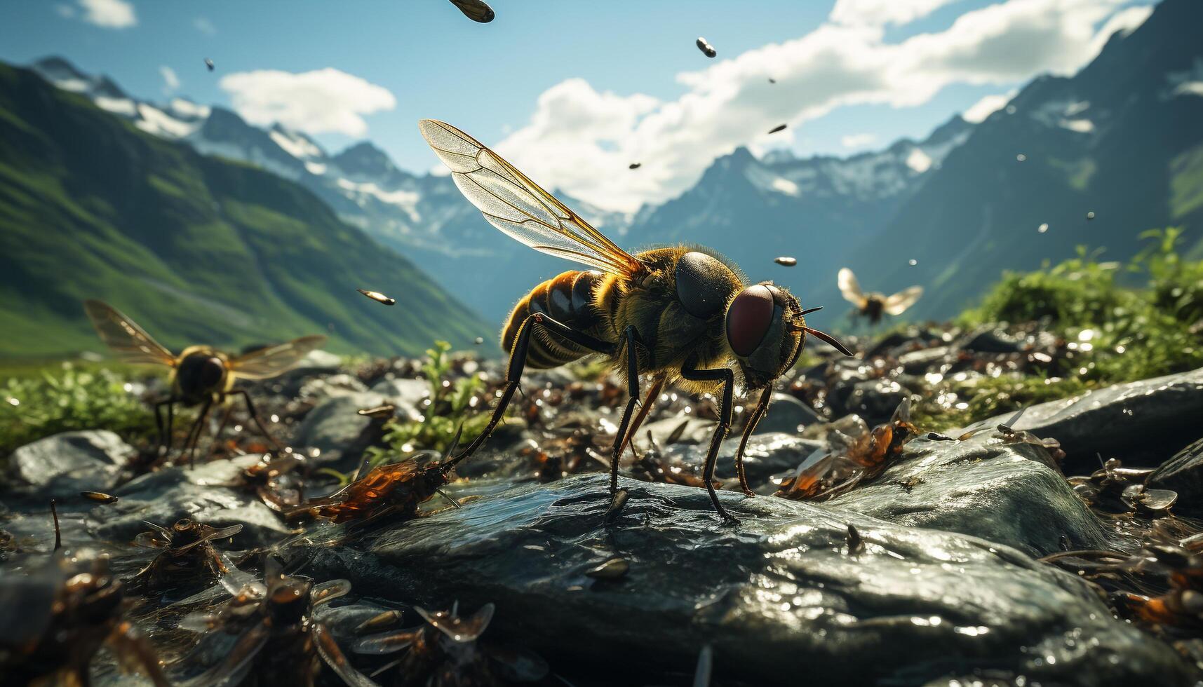 ai gegenereerd bij vliegend in natuur, verzamelen stuifmeel van bloemen gegenereerd door ai foto