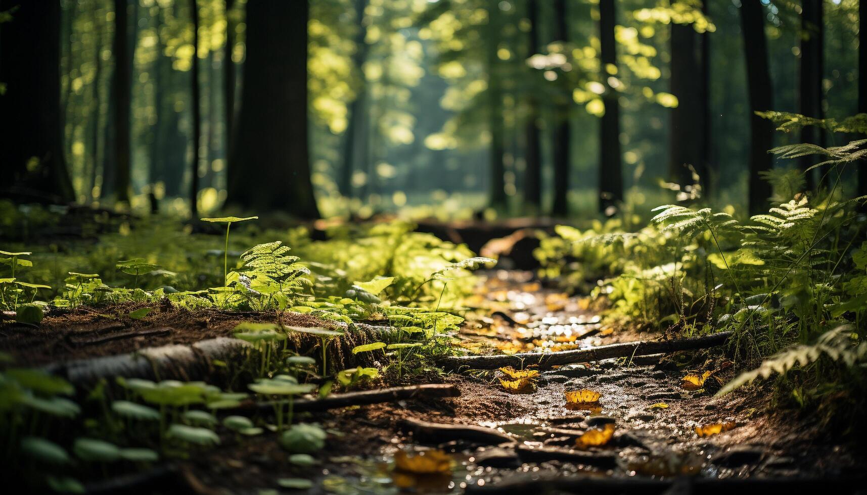 ai gegenereerd rustig tafereel van groen Woud, zonlicht, en dieren in het wild gegenereerd door ai foto