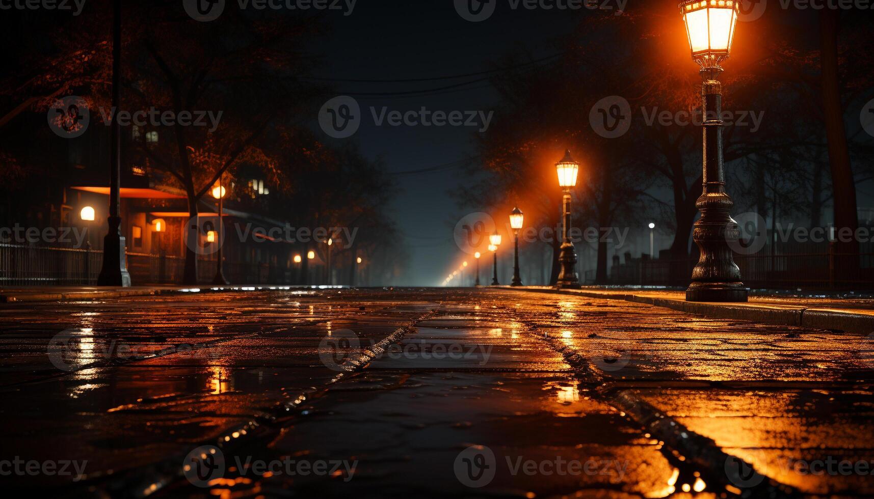 ai gegenereerd stad straat verlichte door straat lichten Bij schemer gegenereerd door ai foto