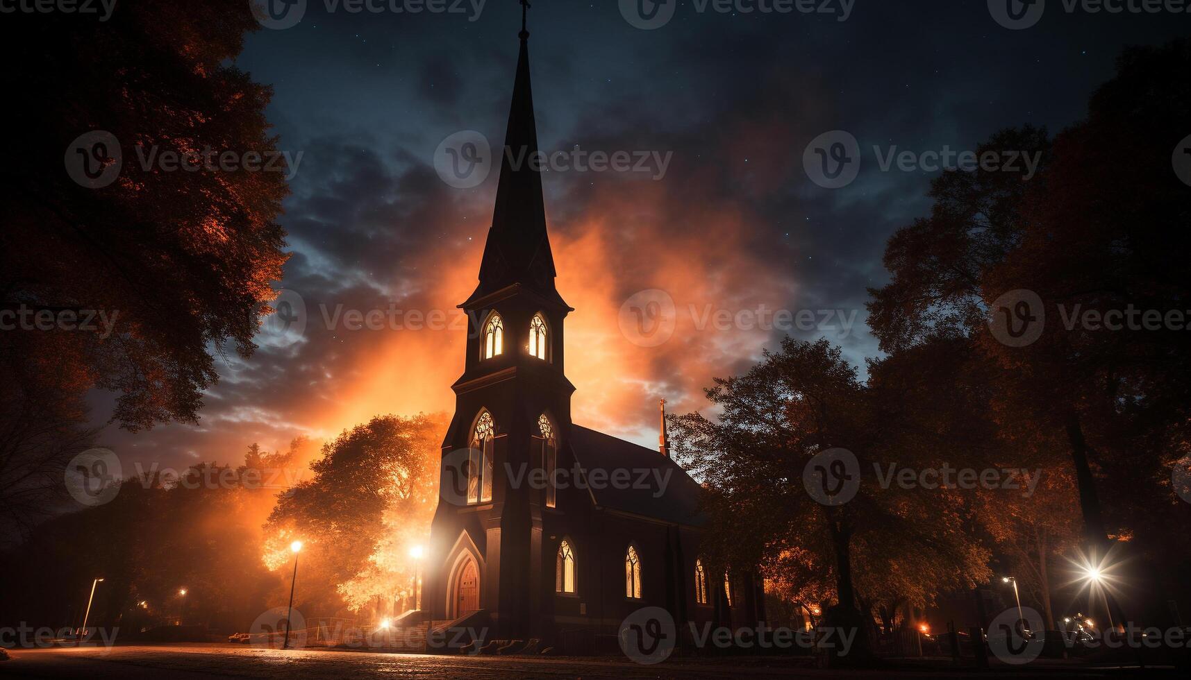 ai gegenereerd oud kapel verlichte door zonsondergang, majestueus gotisch architectuur gegenereerd door ai foto