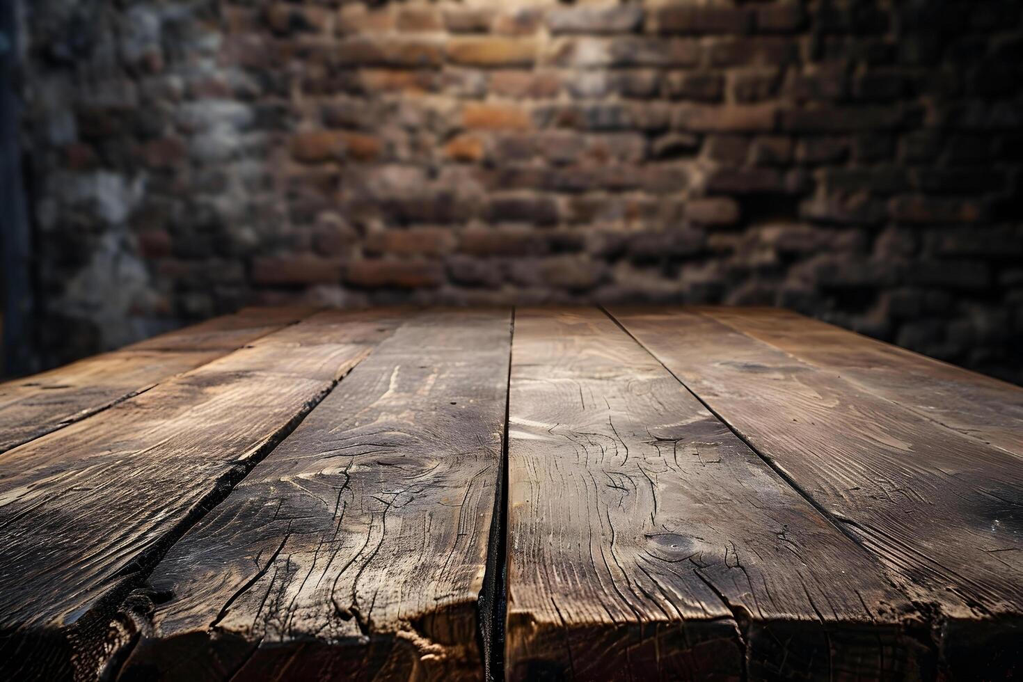 ai gegenereerd leeg plank houten tafel met wazig bunker tunnel ondergronds achtergrond foto