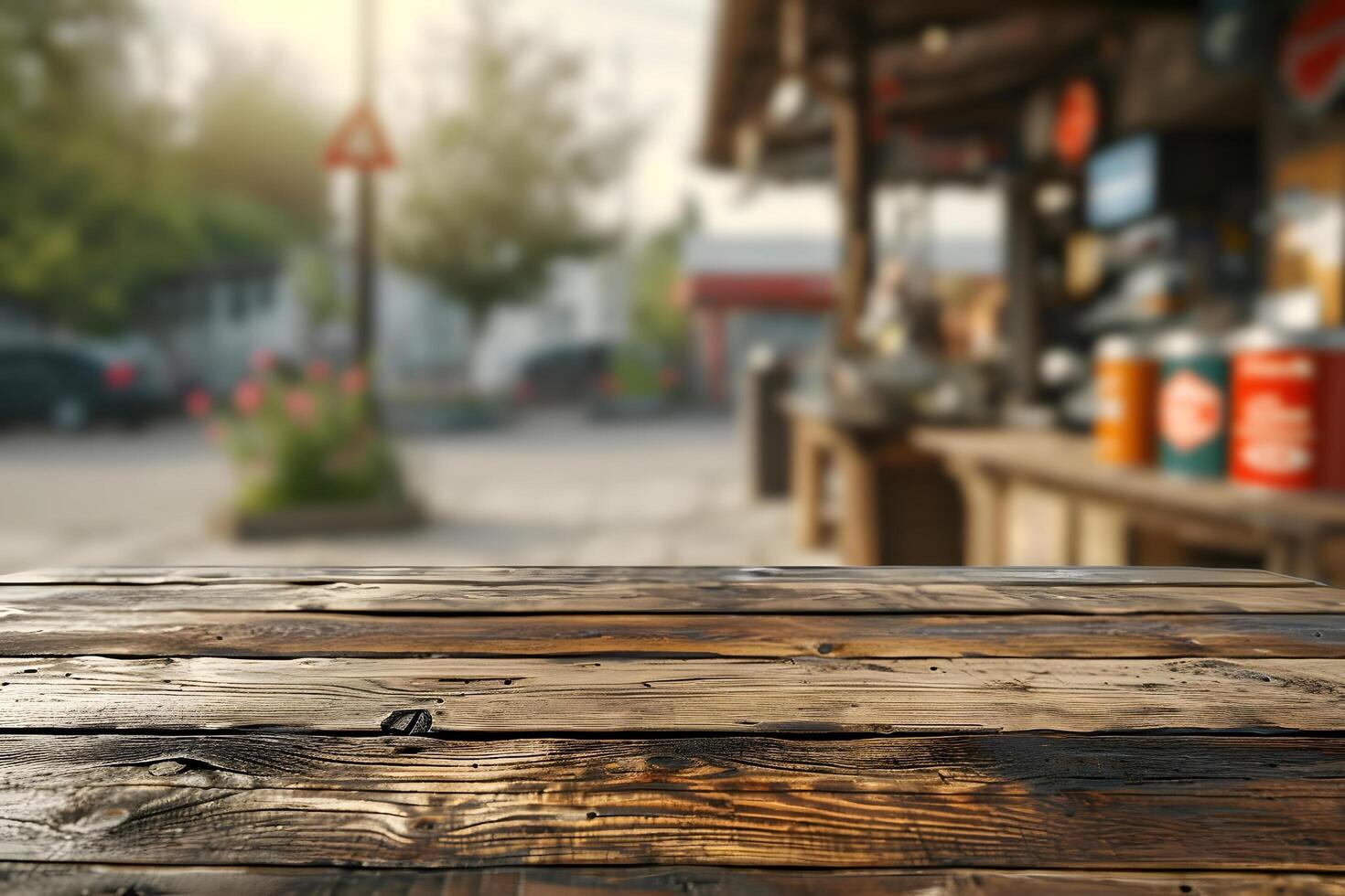 ai gegenereerd leeg houten tafelblad met wazig gas- station tafereel achtergrond foto