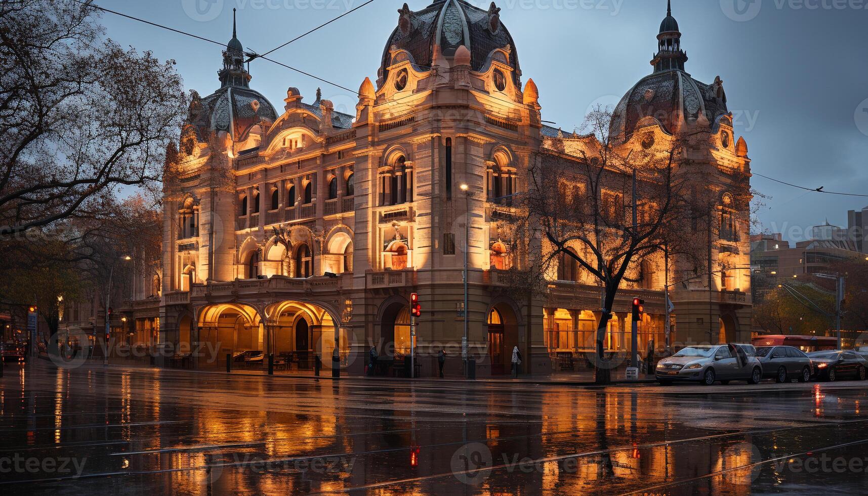 ai gegenereerd beroemd stad verlichte Bij schemering, reflecterend geschiedenis en cultuur gegenereerd door ai foto