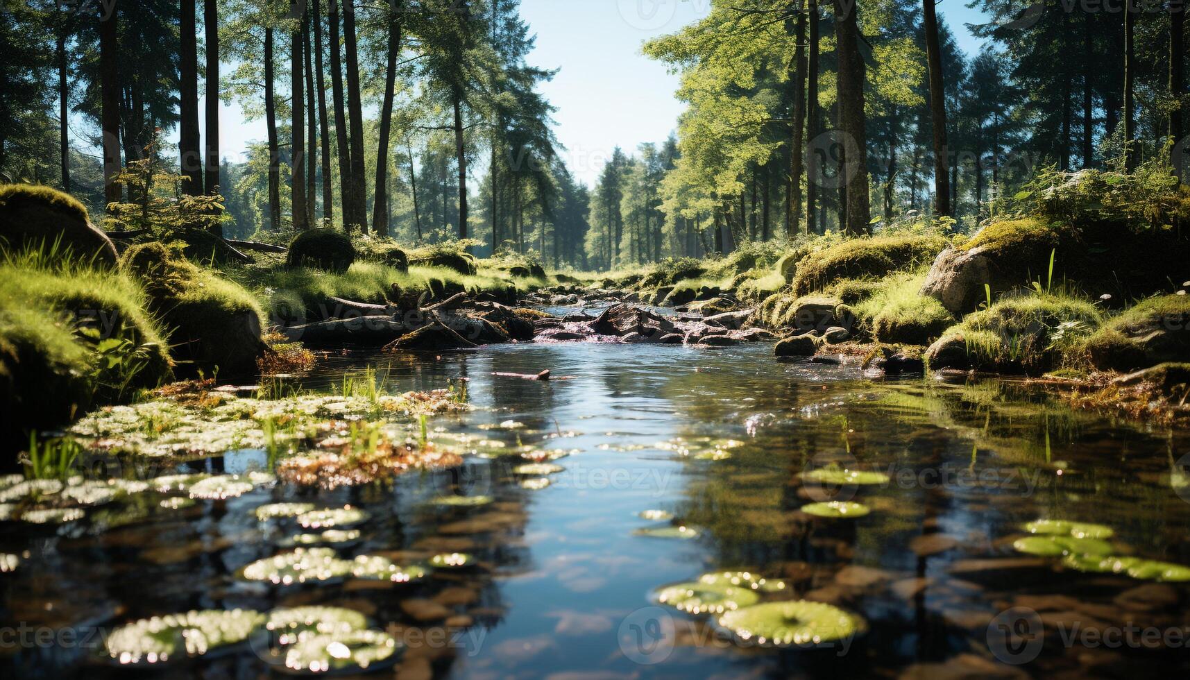 ai gegenereerd rustig tafereel van een Woud met vloeiende water gegenereerd door ai foto