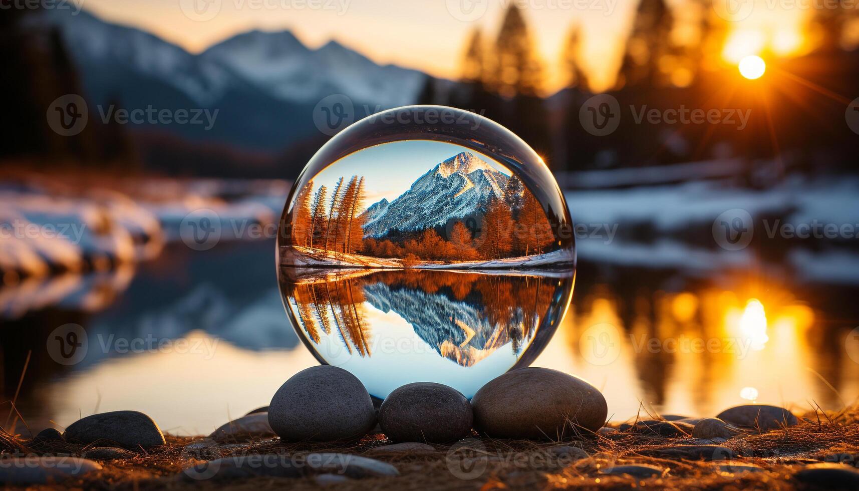 ai gegenereerd zonsondergang weerspiegelt Aan rustig berg bereik, natuur schoonheid gegenereerd door ai foto