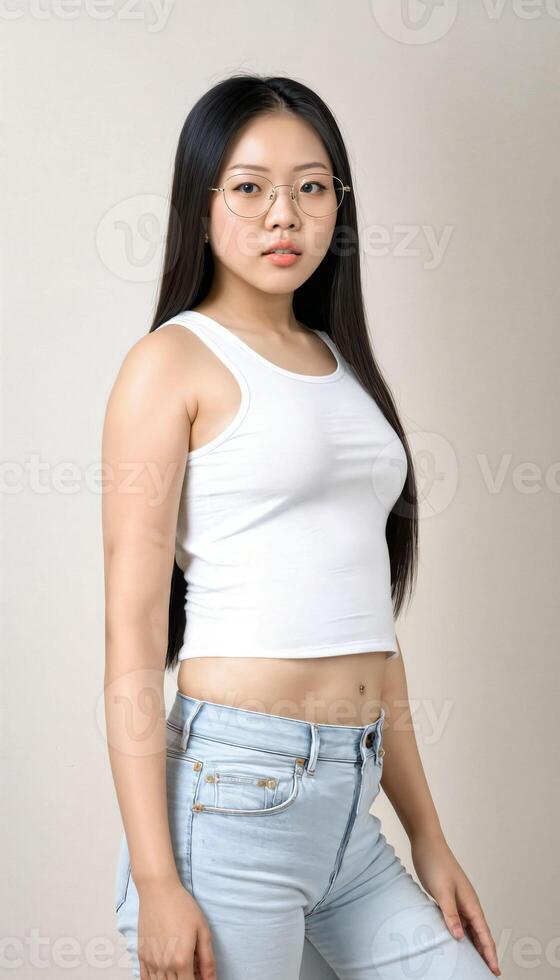 ai gegenereerd foto van mooi jong Aziatisch vrouw met Bijsnijden wit top en jeans een bril staand Bij wit achtergrond, generatief ai