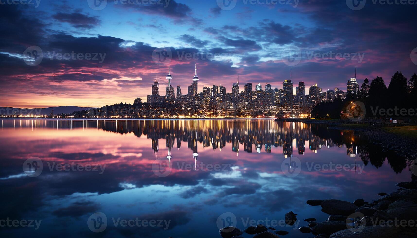 ai gegenereerd stad horizon weerspiegelt in rustig water Bij schemer gegenereerd door ai foto