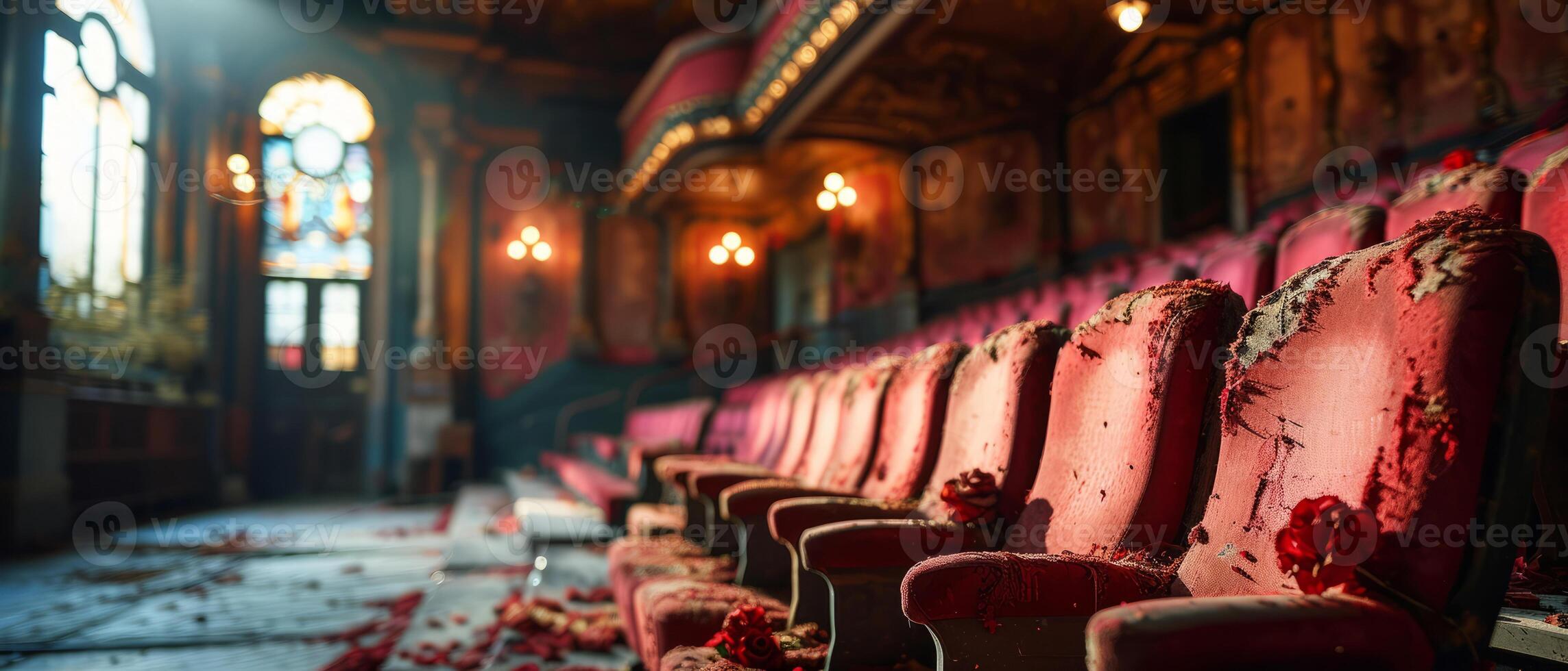 ai gegenereerd vervallen en gescheurd roze stoelen in een verlaten theater koesteren in de nostalgie van Verleden grootsheid foto