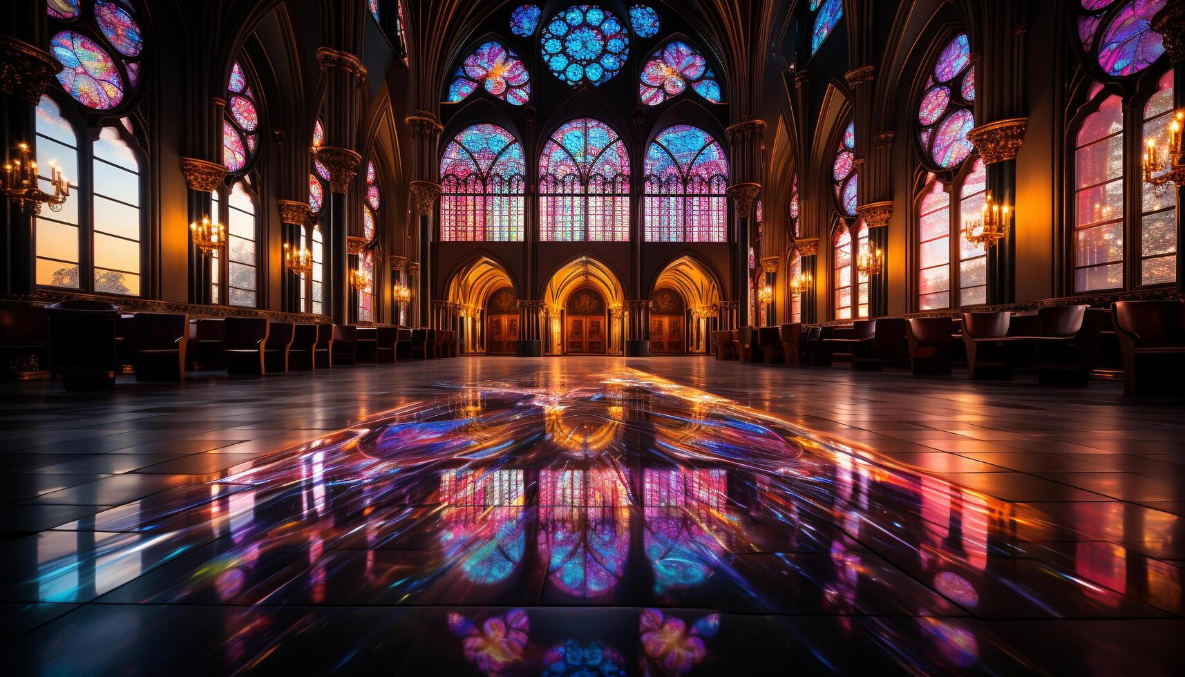 ai gegenereerd gebrandschilderd glas venster verlicht oude gotisch kapel gegenereerd door ai foto