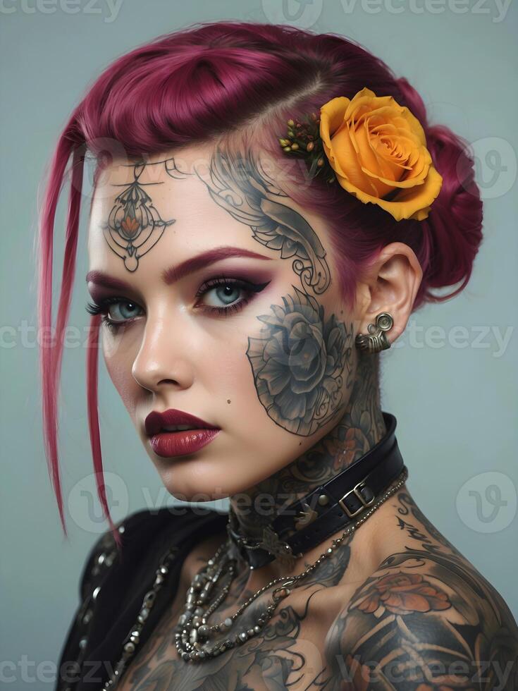 ai gegenereerd portret van mooi cyber punk- jong getatoeëerd vrouw, futuristische mode concept foto