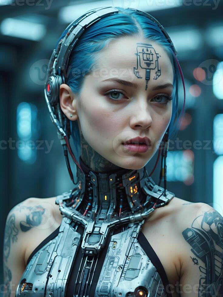 ai gegenereerd portret van mooi cyber punk- jong getatoeëerd vrouw, futuristische mode concept foto