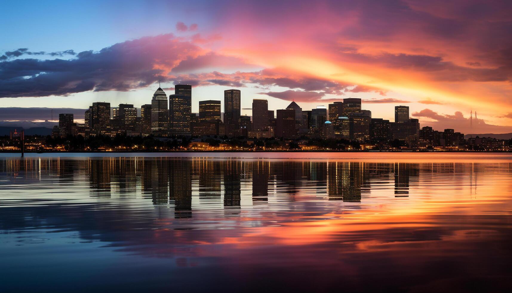 ai gegenereerd levendig horizon weerspiegelt in rustig waterkant Bij schemer gegenereerd door ai foto