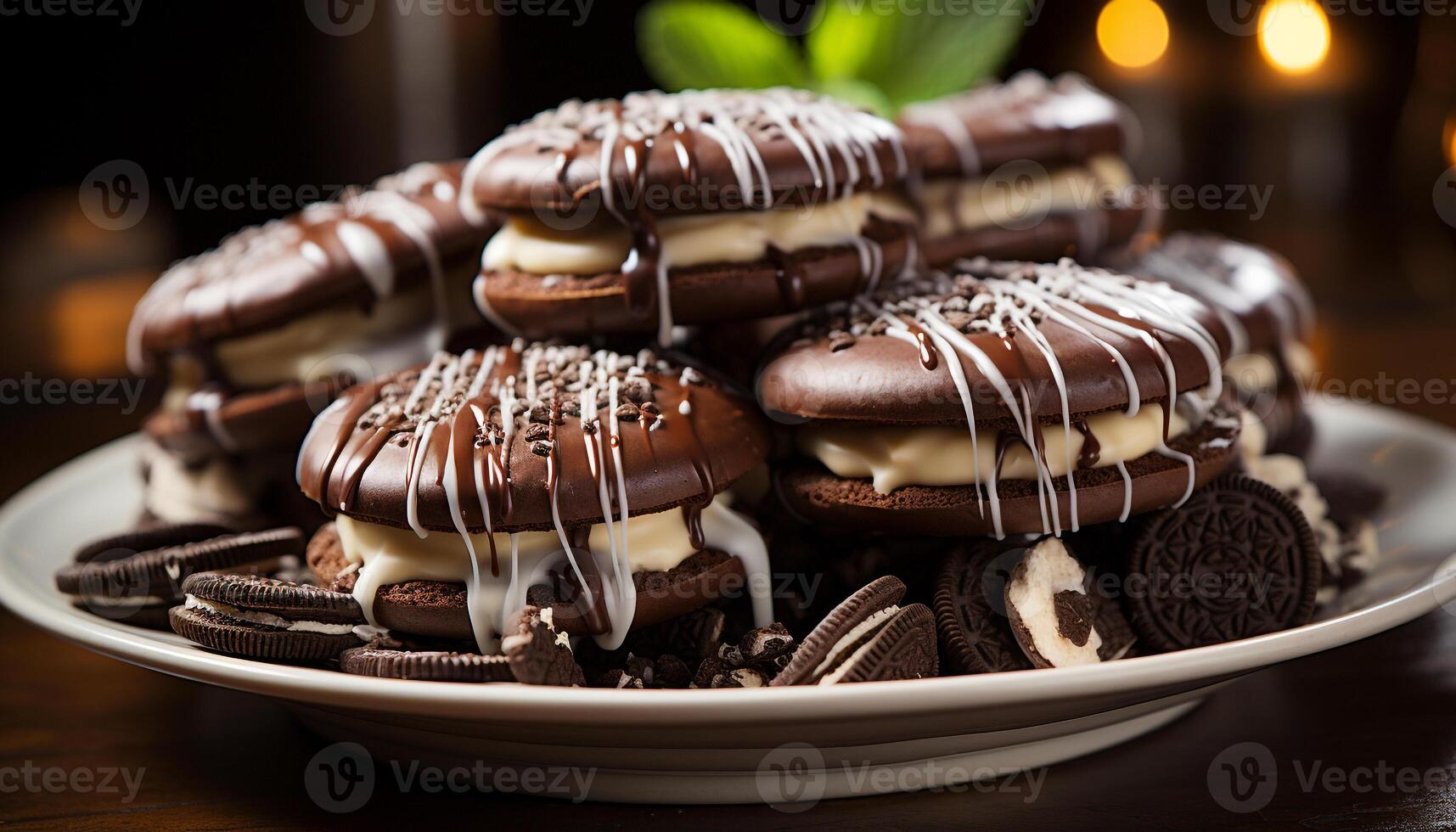 ai gegenereerd stack van eigengemaakt chocola spaander koekjes Aan houten tafel gegenereerd door ai foto