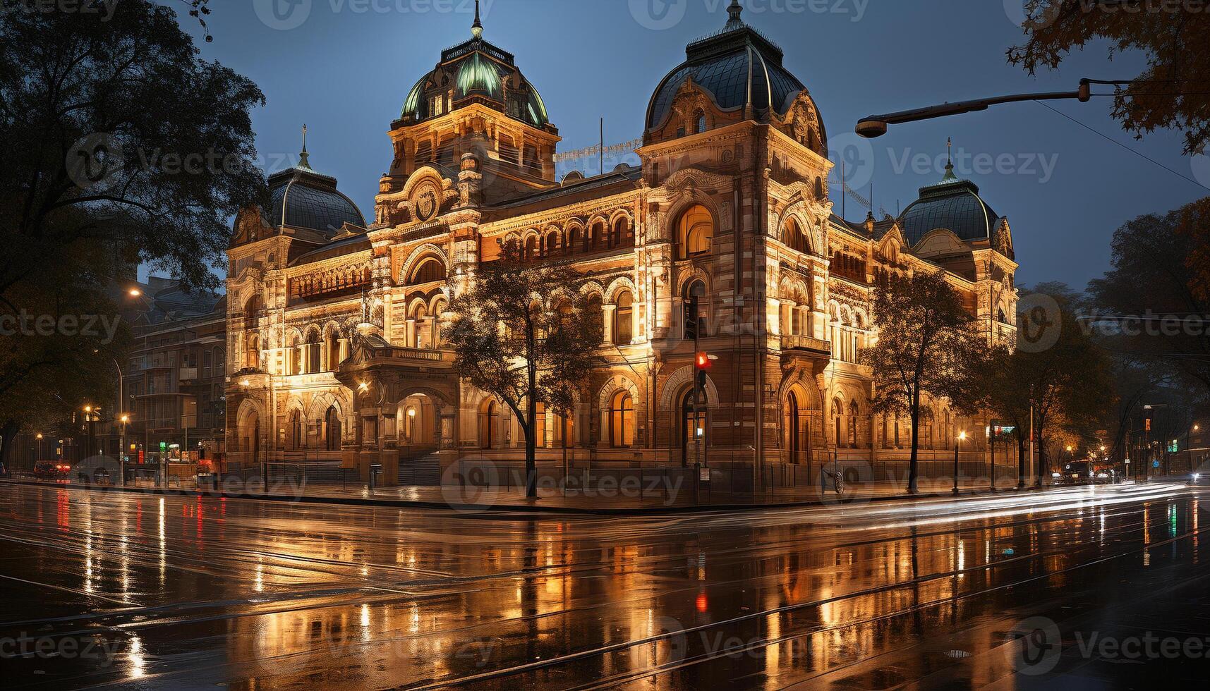 ai gegenereerd verlichte basiliek weerspiegelt geestelijkheid in de stad Bij nacht gegenereerd door ai foto