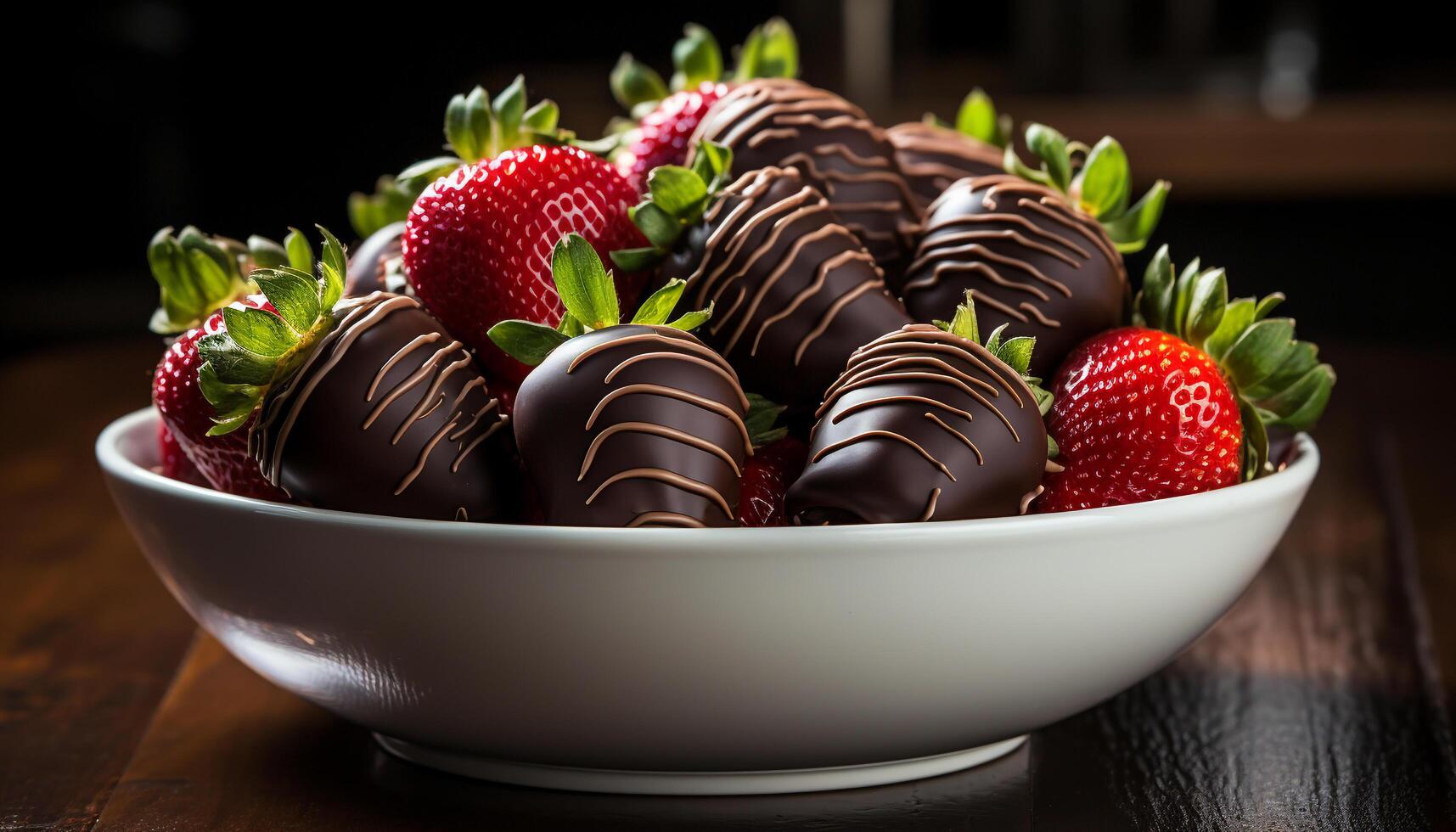 ai gegenereerd chocola gedoopt aardbei, een zoet toegeeflijkheid Aan tafel gegenereerd door ai foto