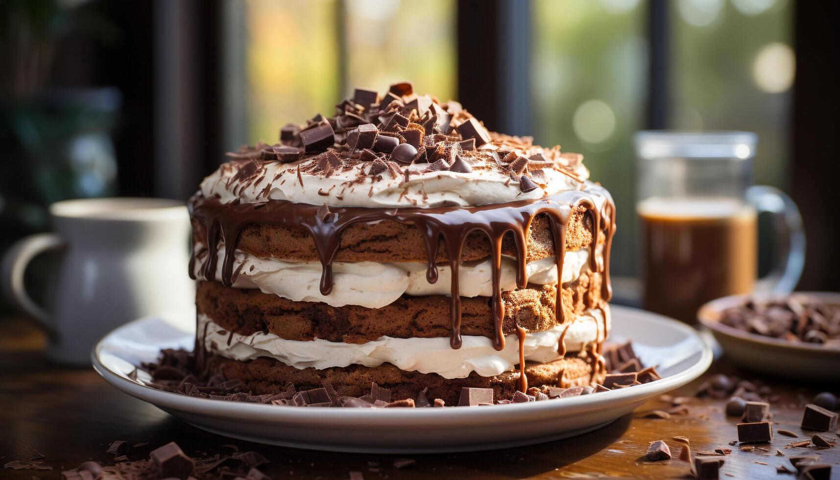 ai gegenereerd chocola toetje Aan tafel, romig koffie verfrissing gegenereerd door ai foto