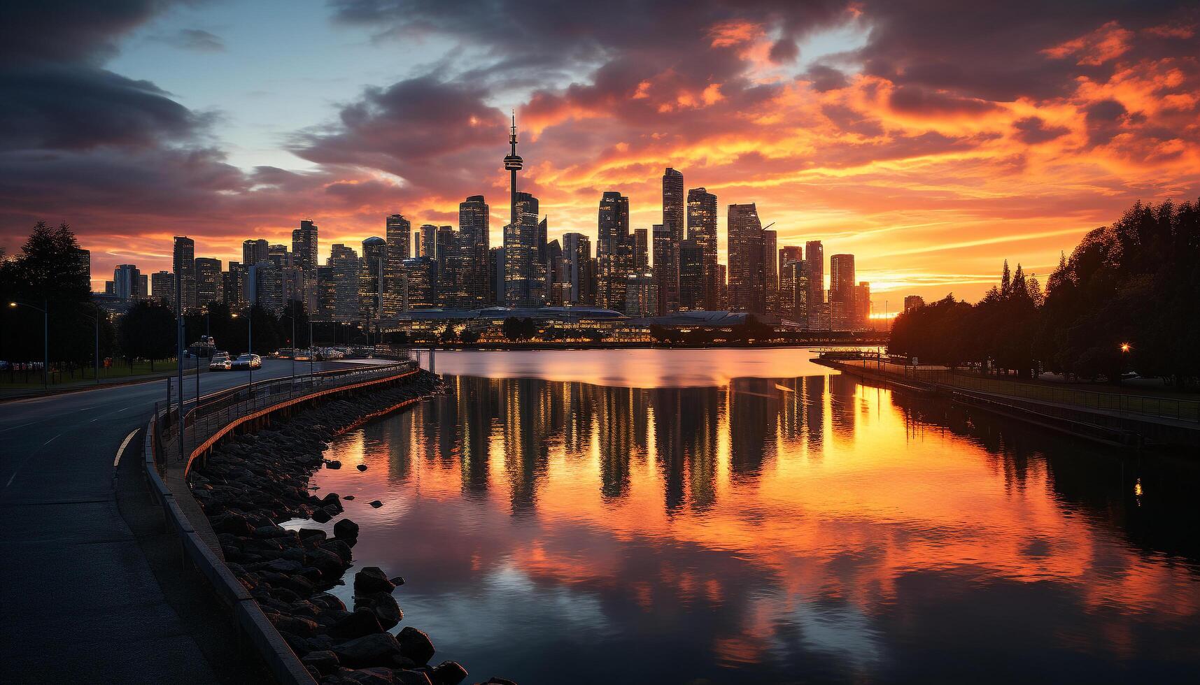 ai gegenereerd stad horizon weerspiegelt in water Bij schemer gegenereerd door ai foto