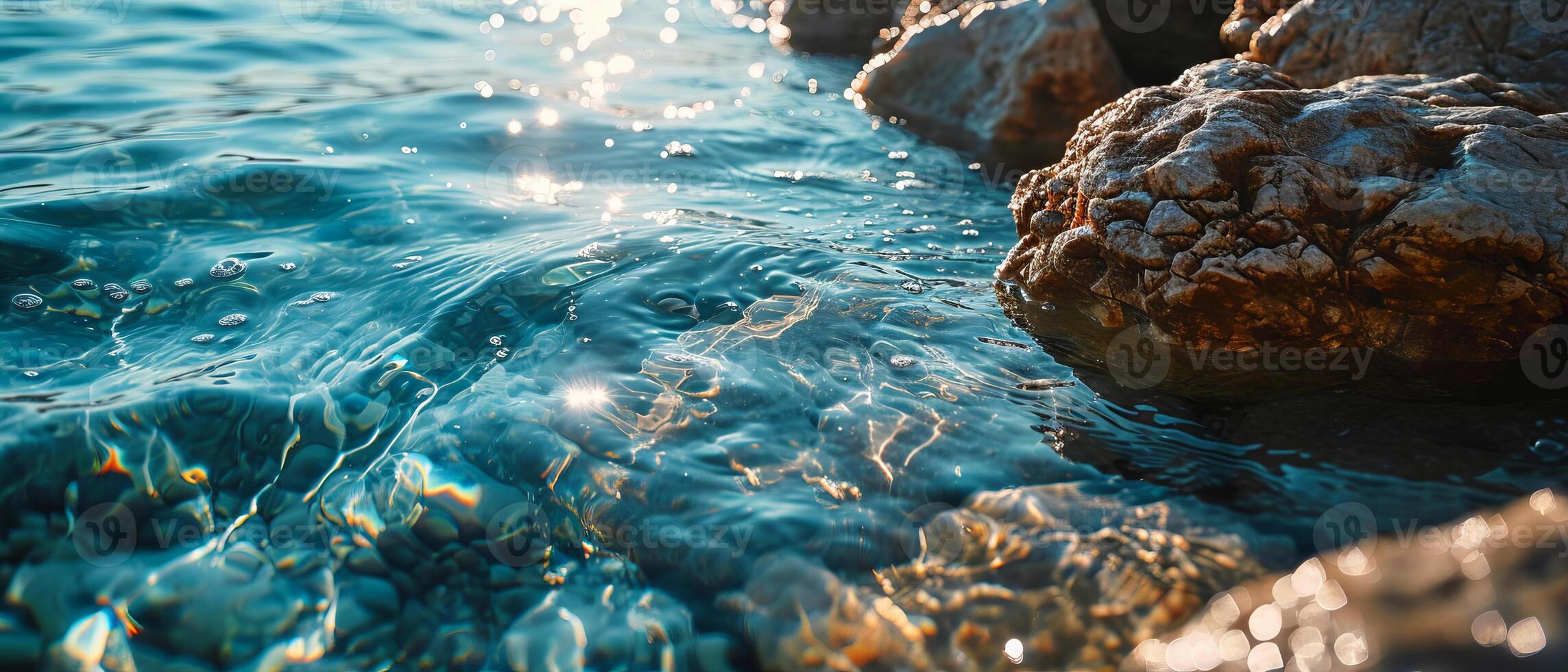 ai gegenereerd de instelling zon gouden gloed weerspiegelt Aan de water's oppervlakte door de rotsachtig rand foto