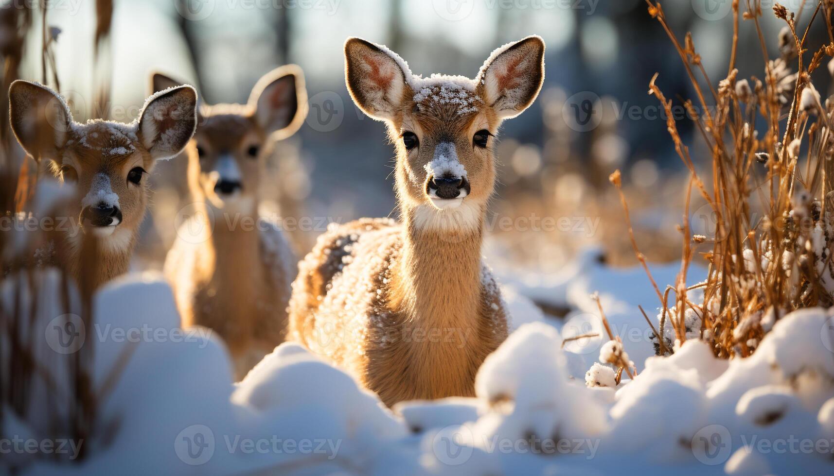 ai gegenereerd jong hert in winter Woud, op zoek Bij camera gegenereerd door ai foto