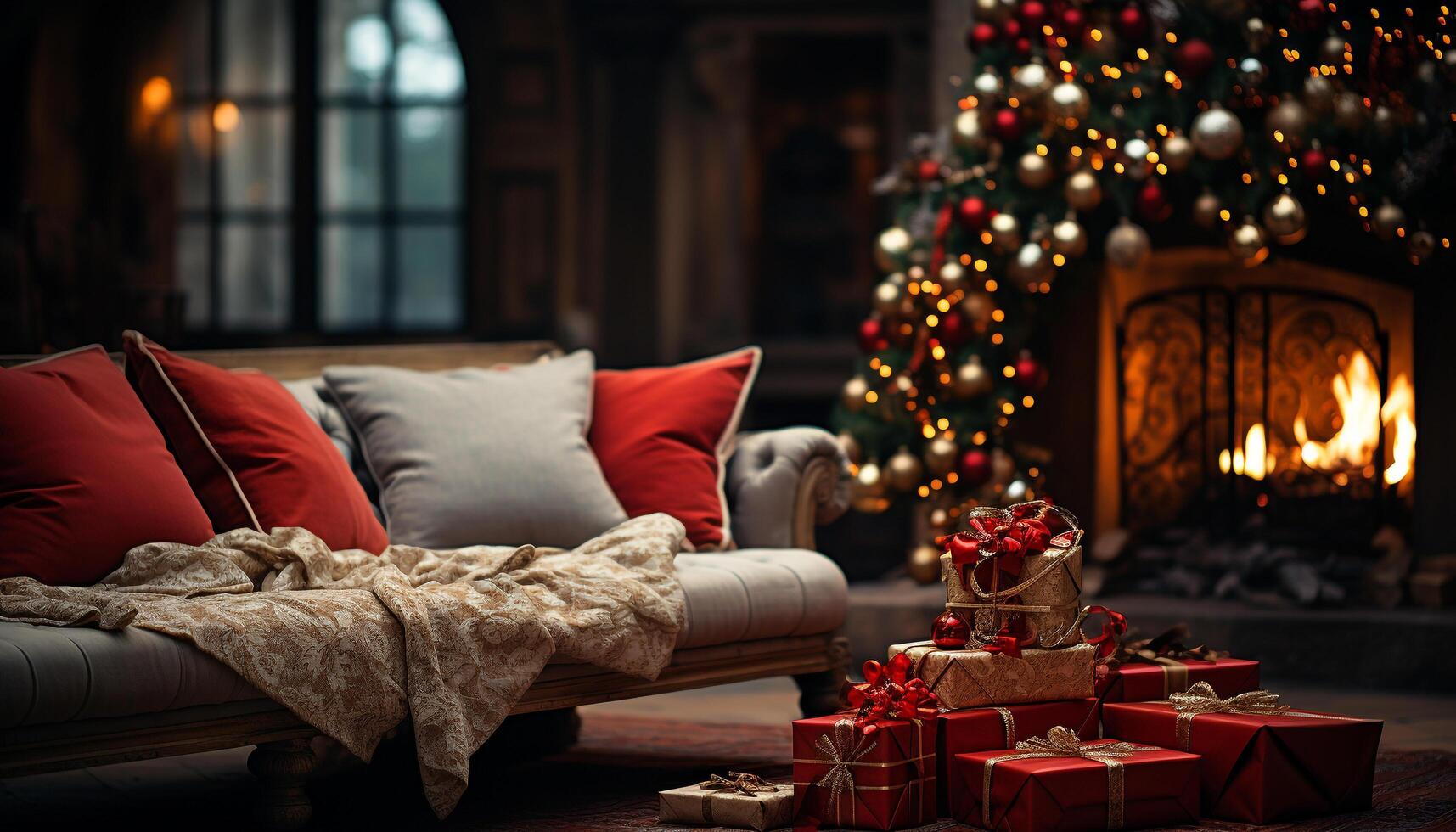 ai gegenereerd comfortabel leven kamer met verlichte Kerstmis boom gegenereerd door ai foto