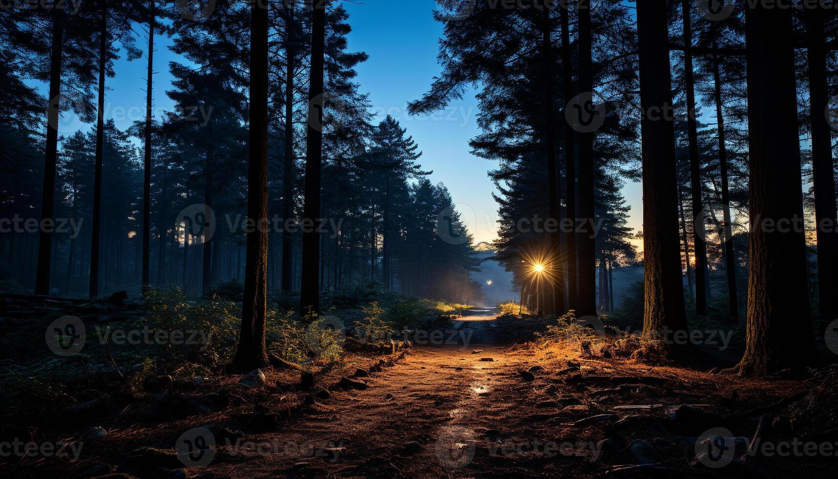 ai gegenereerd mysterieus schemering, pijnboom boom silhouet, rustig wildernis gegenereerd door ai foto