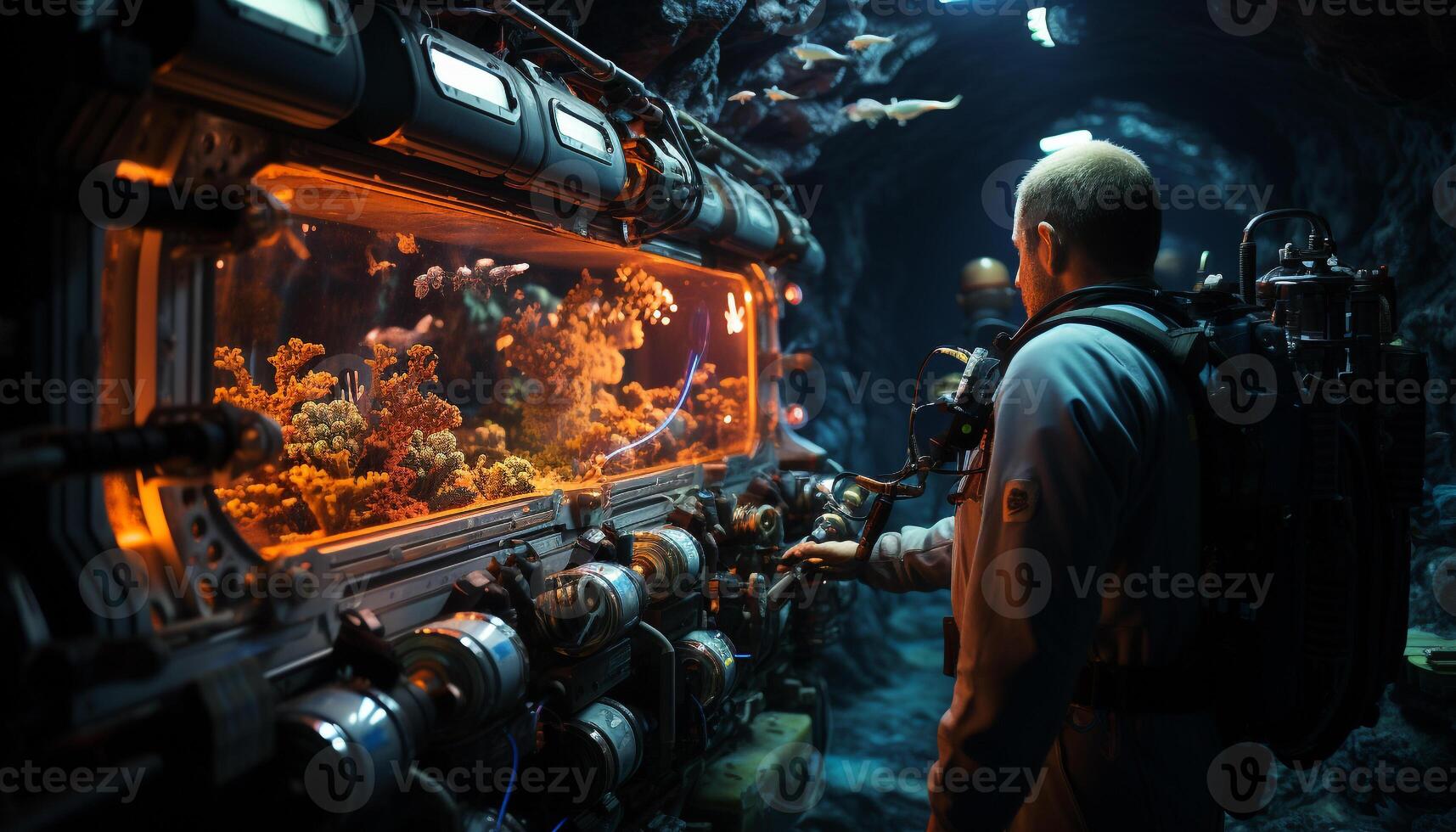 ai gegenereerd een persoon werken onderwater- met vis en machinerie gegenereerd door ai foto