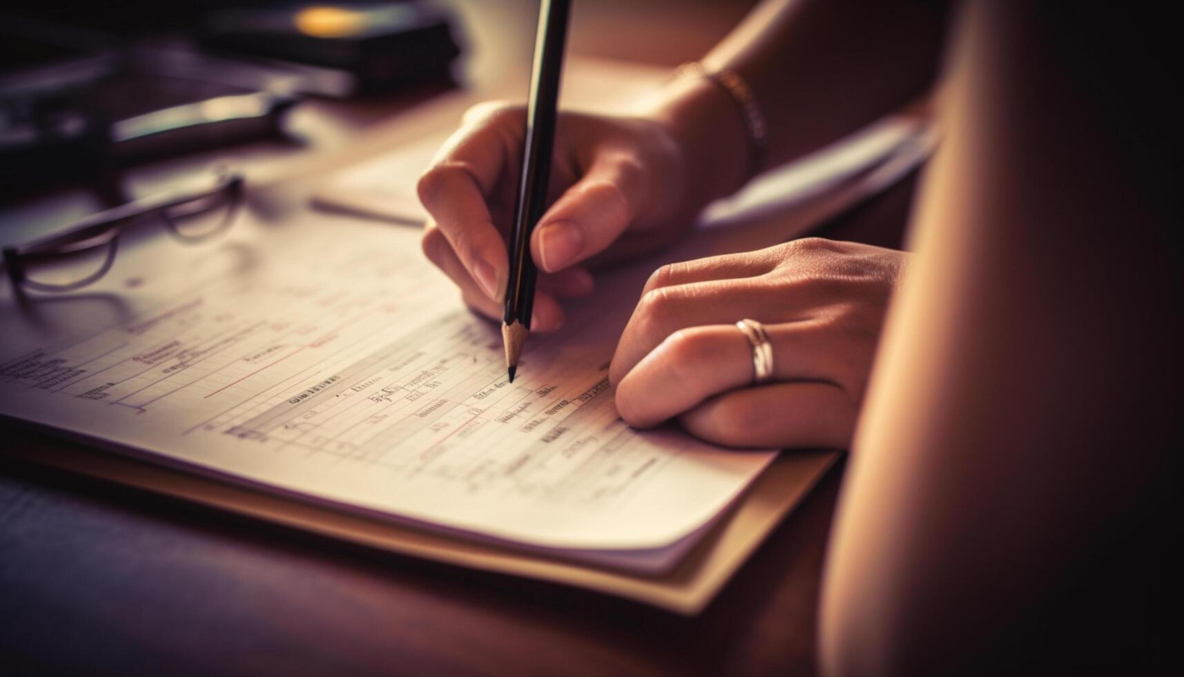 ai gegenereerd een persoon aan het studeren binnenshuis, Holding een pen, lezing een boek gegenereerd door ai foto