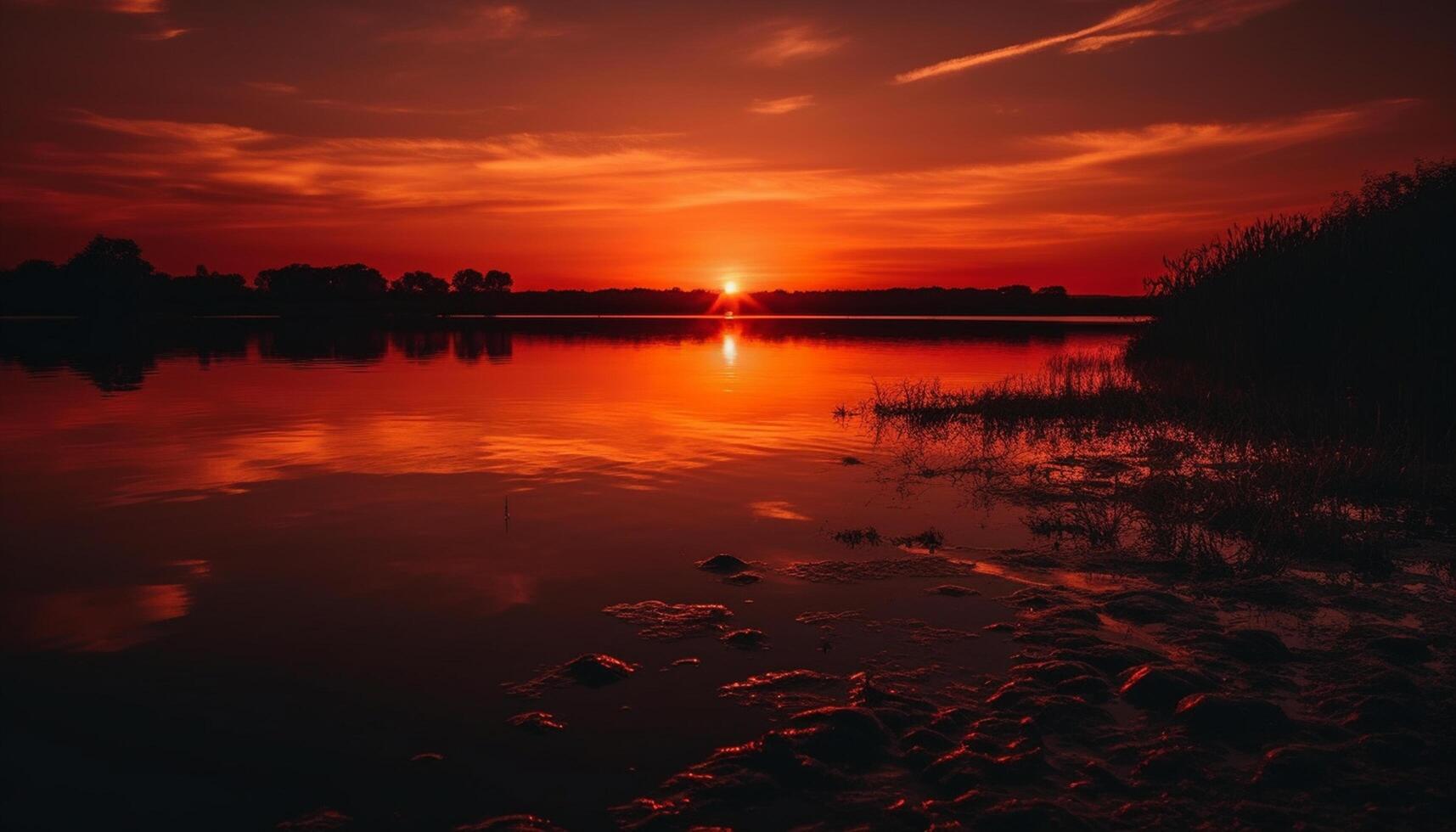 ai gegenereerd zonsondergang over- water, natuur reflectie in rustig tafereel gegenereerd door ai foto