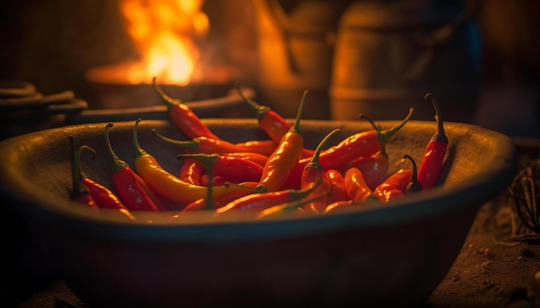 ai gegenereerd vers en gezond Chili paprika's groenten Aan houten tafel gegenereerd door ai foto