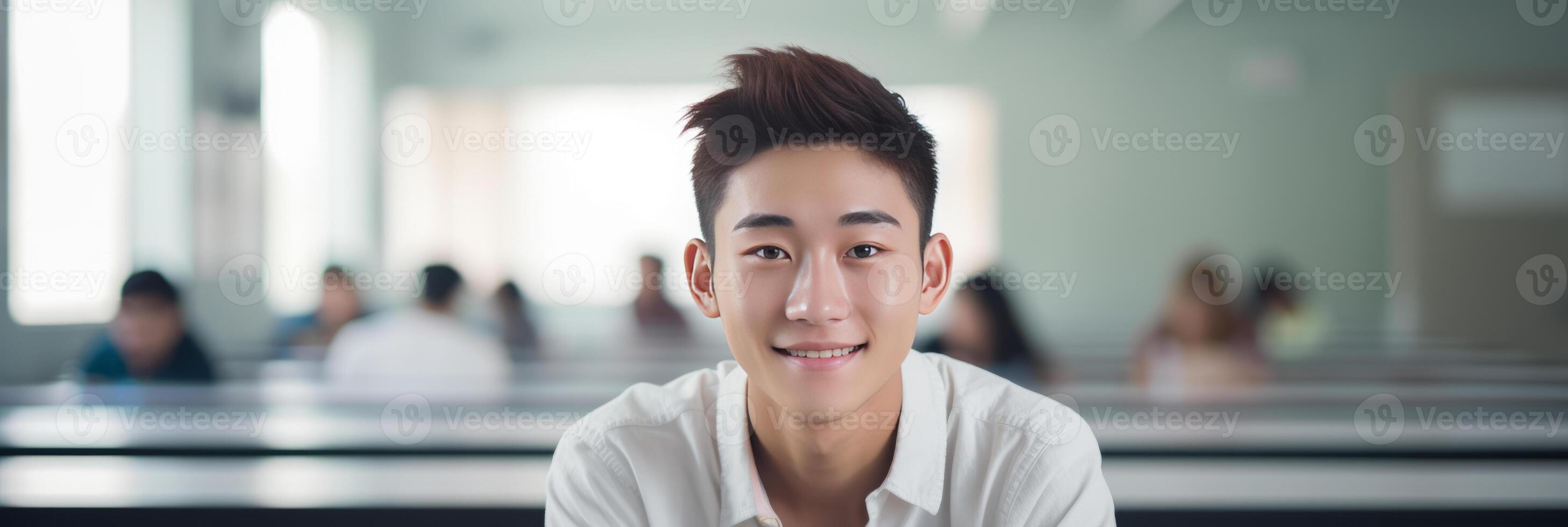 ai gegenereerd jong Aziatisch Mens met een gastvrij glimlach foto
