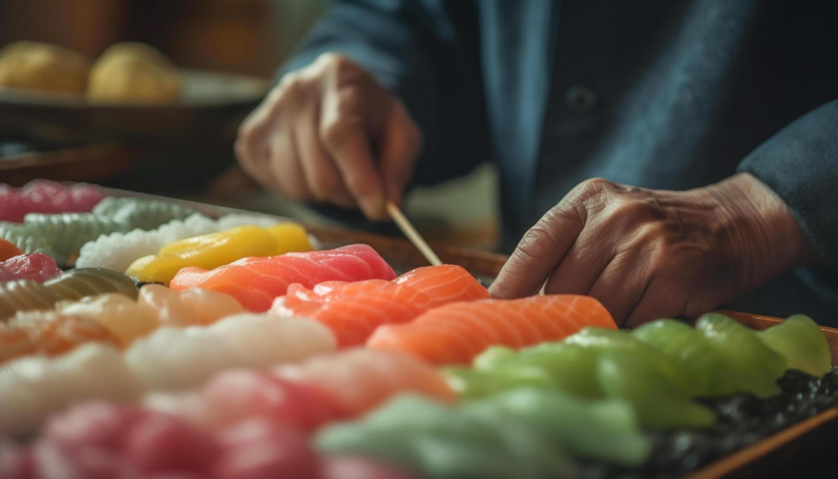 ai gegenereerd een chef hand- bereidt zich voor vers zeevruchten voor een fijnproever maaltijd gegenereerd door ai foto