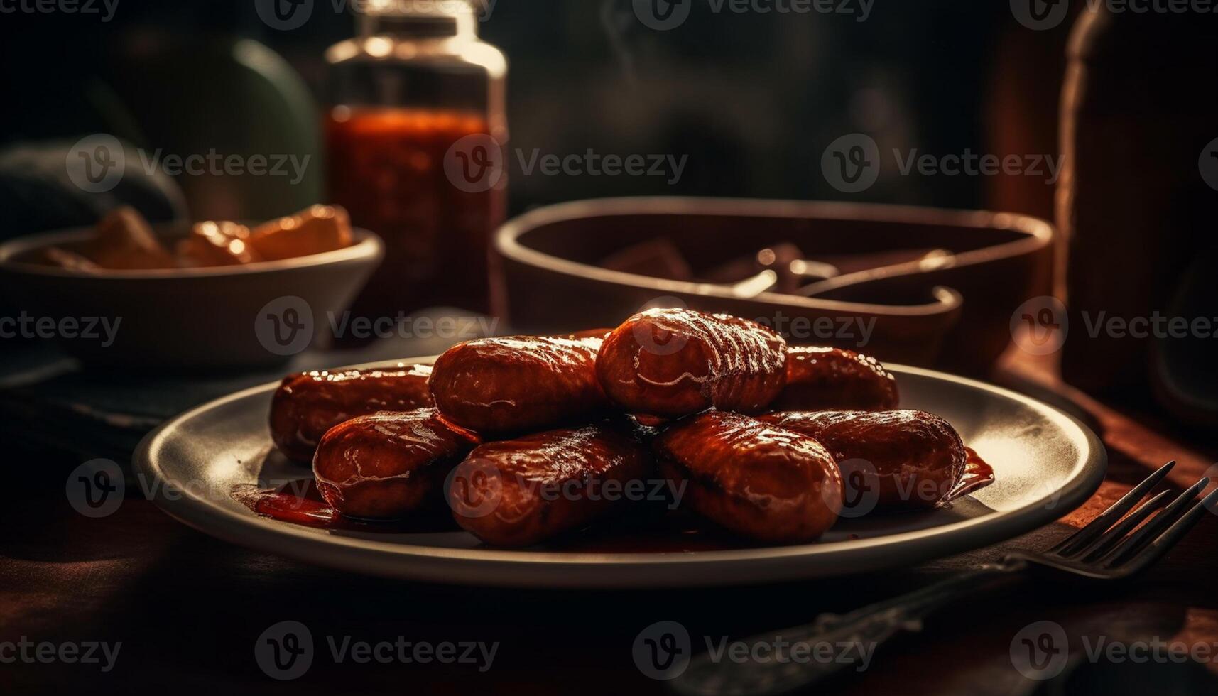 ai gegenereerd gegrild varkensvlees Aan een rustiek houten tafel, een fijnproever maaltijd gegenereerd door ai foto