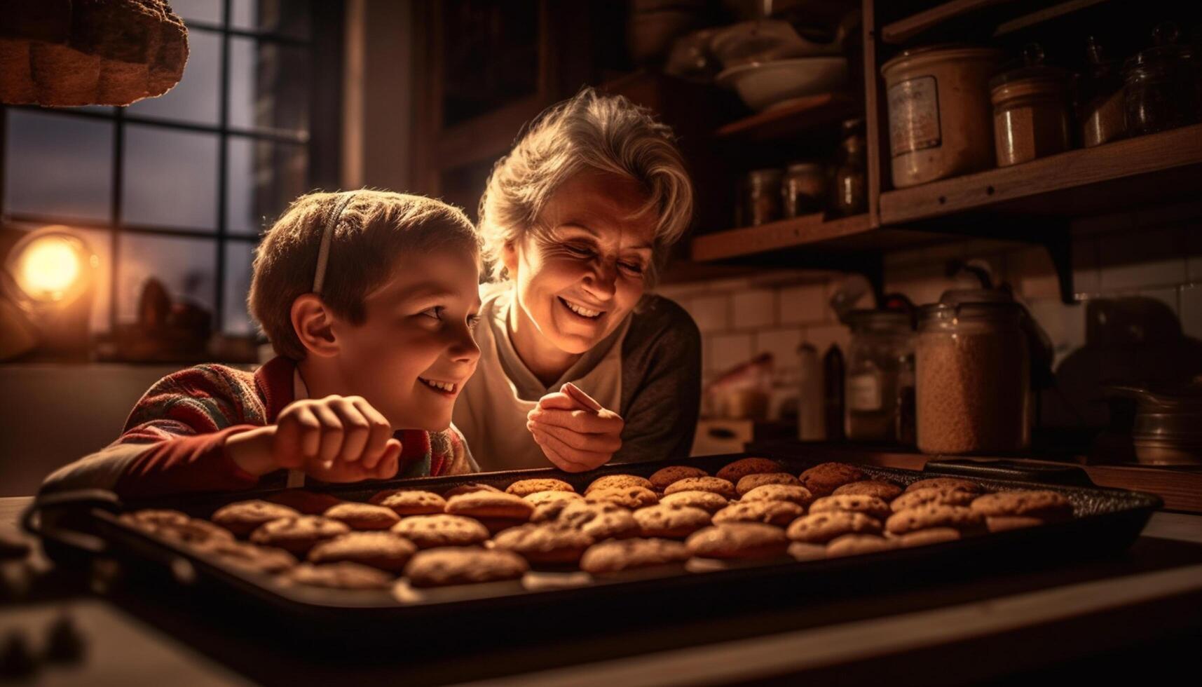 ai gegenereerd kinderen bakken koekjes in een huiselijk keuken, glimlachen en hebben pret gegenereerd door ai foto