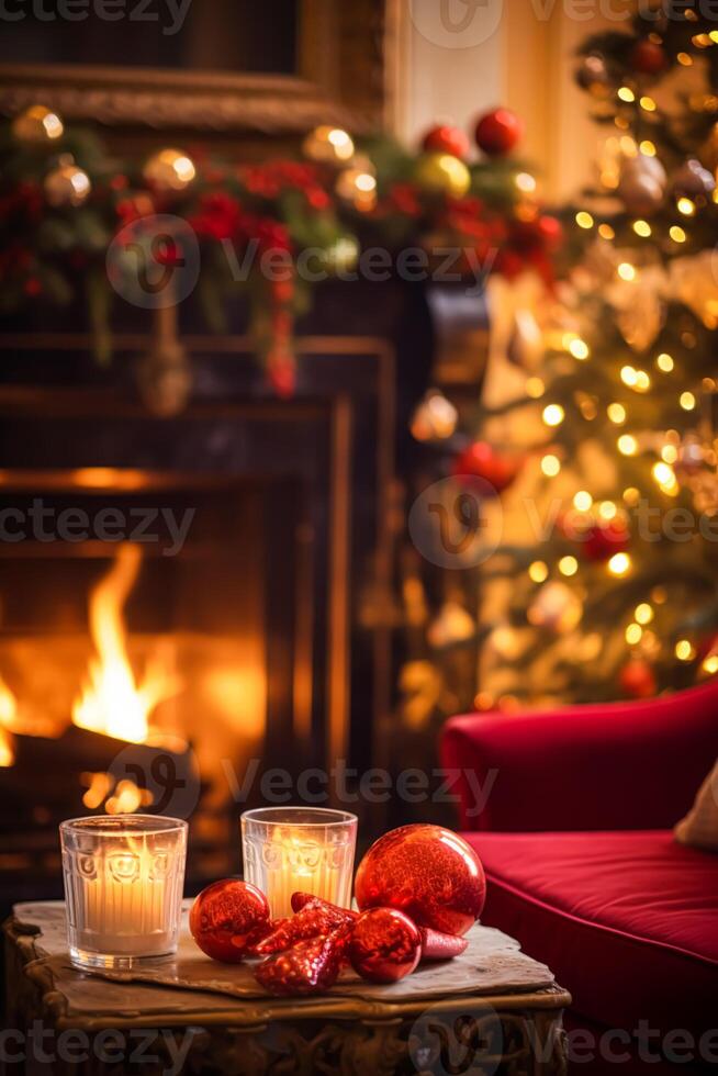 ai gegenereerd kerstmis, vakantie decor en land huisje stijl, knus atmosfeer, versierd Kerstmis boom in de Engels platteland huis leven kamer met haard, interieur decoratie foto