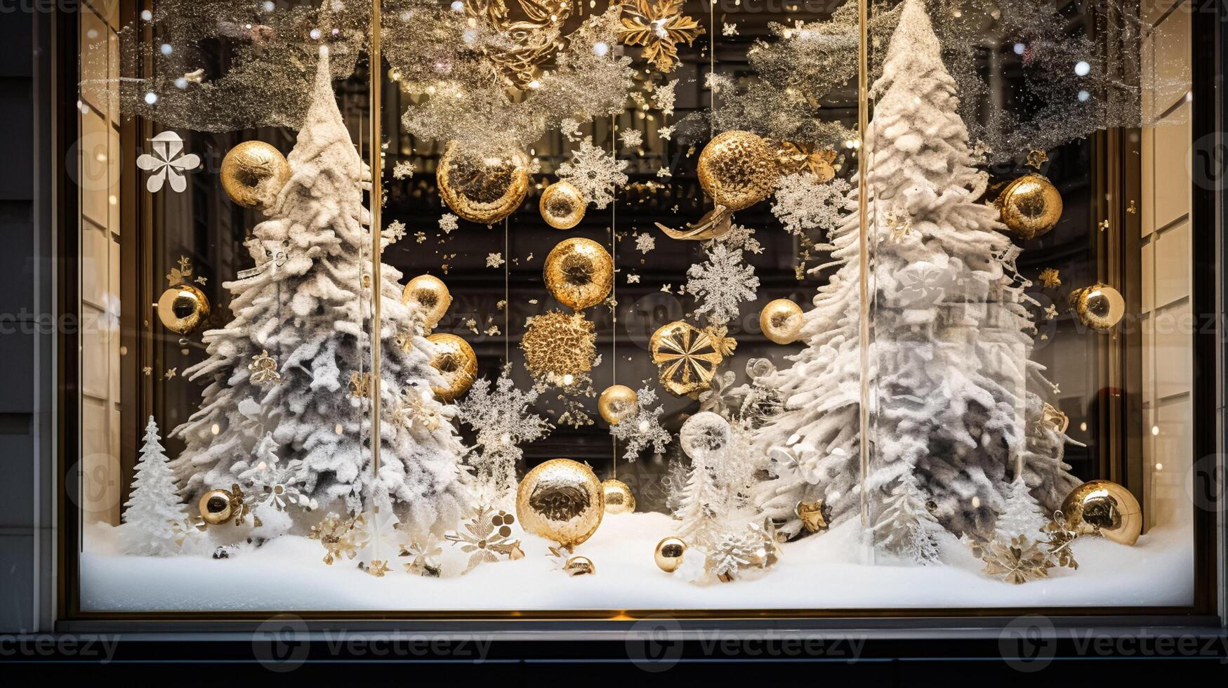 ai gegenereerd Kerstmis decoratie details Aan Engels gestileerd luxe hoog straat stad op te slaan deur of boodschappen doen venster Scherm, vakantie uitverkoop en winkel decor foto