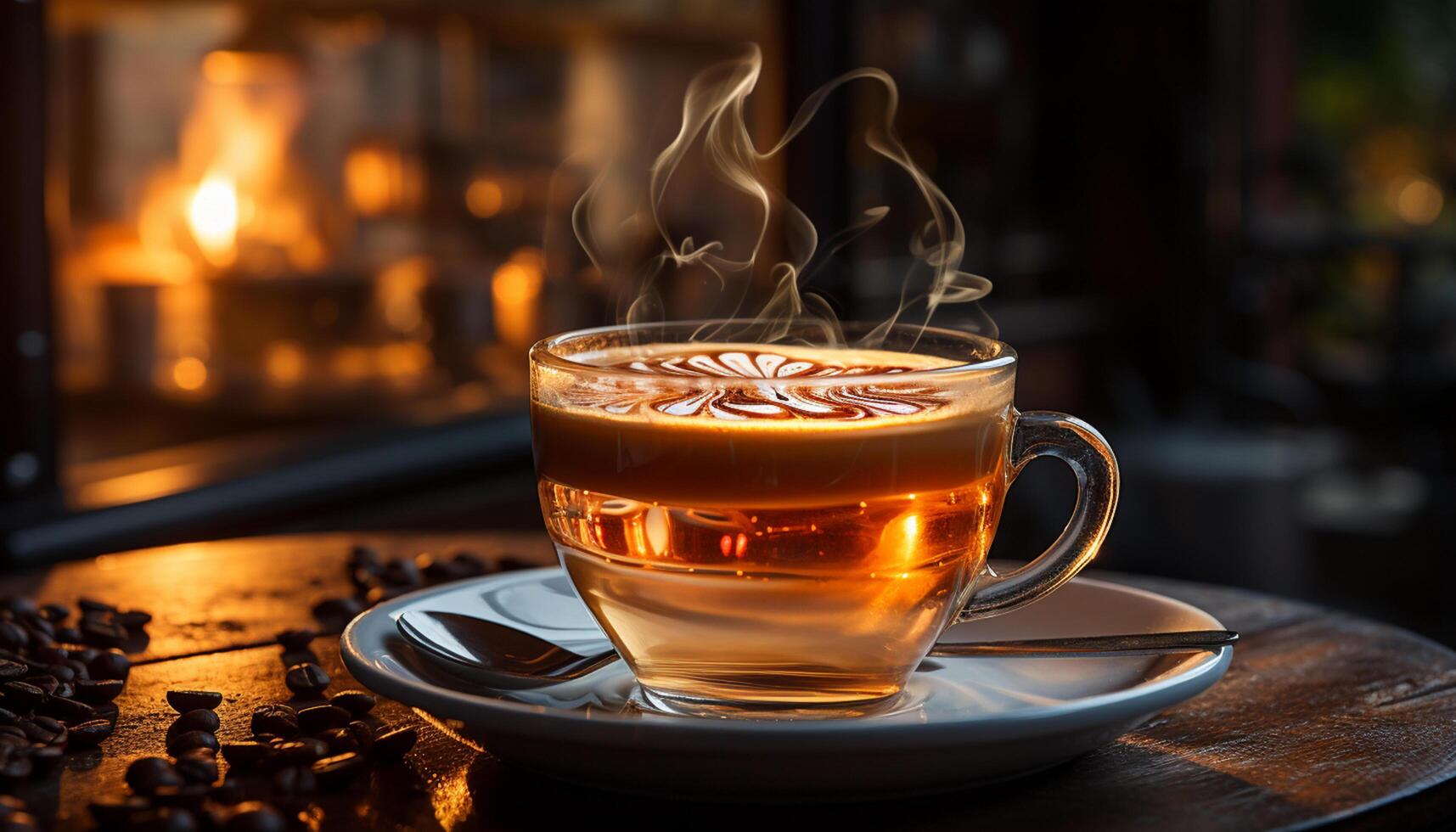 ai gegenereerd heet koffie Aan houten tafel, stoom- stijgende lijn, cafeïne verslaving tevreden gegenereerd door ai foto