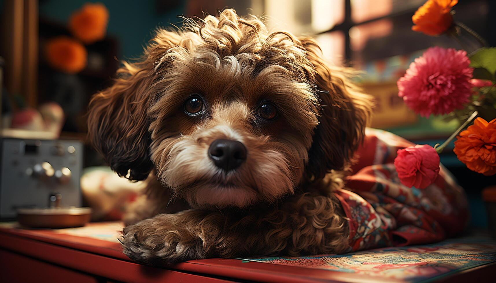 ai gegenereerd schattig puppy zittend binnenshuis, op zoek Bij camera gegenereerd door ai foto